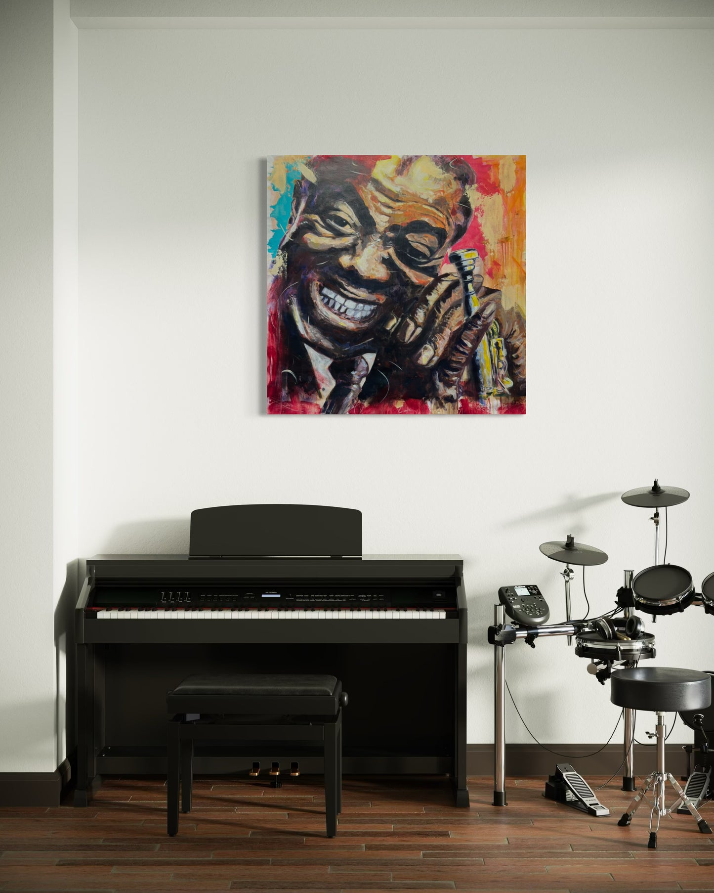Louis Armstrong Original Painting in music room with piano and drums
