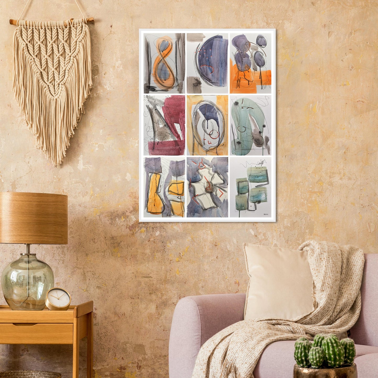 MINIMAL MOMENTS Wall Art Set Poster Print 9X in light brown living room interior