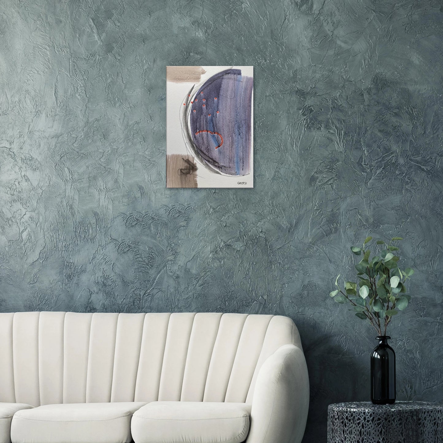 MOONY Canvas print above modern sofa in serene living room - mystical moon-inspired wall ar