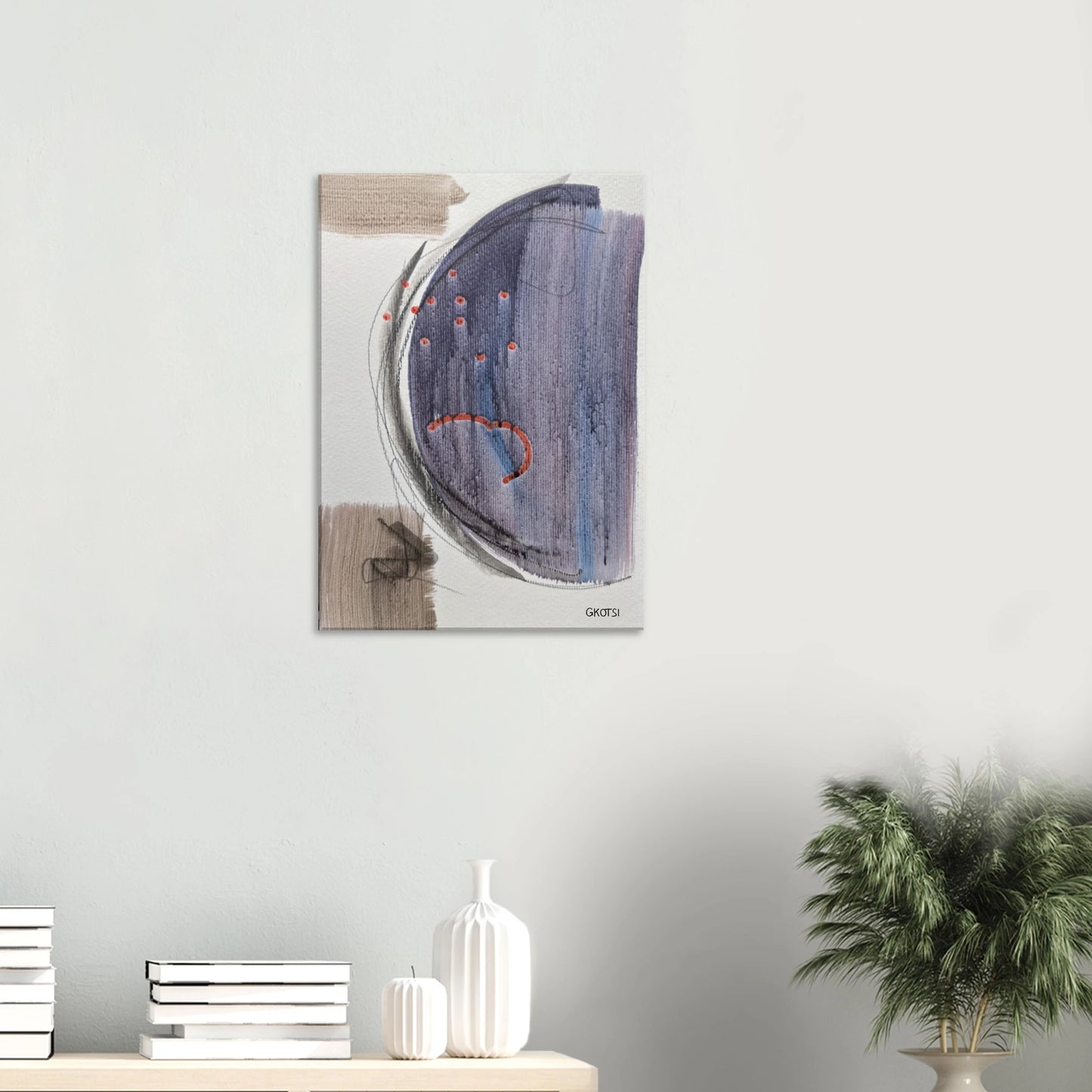 MOONY Canvas print next to stylish table and plant - lunar minimalist interior design element