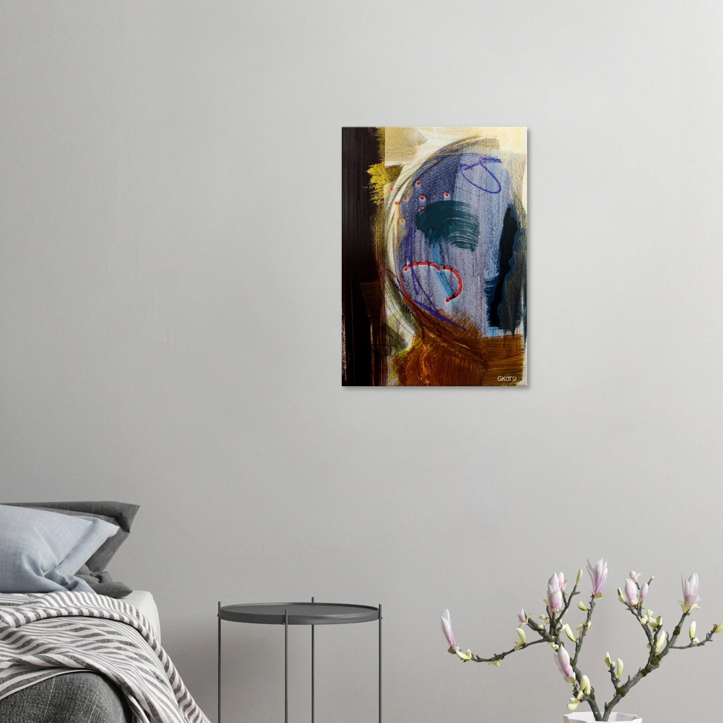 MOONY canvas print above bed with flower vase in bedroom