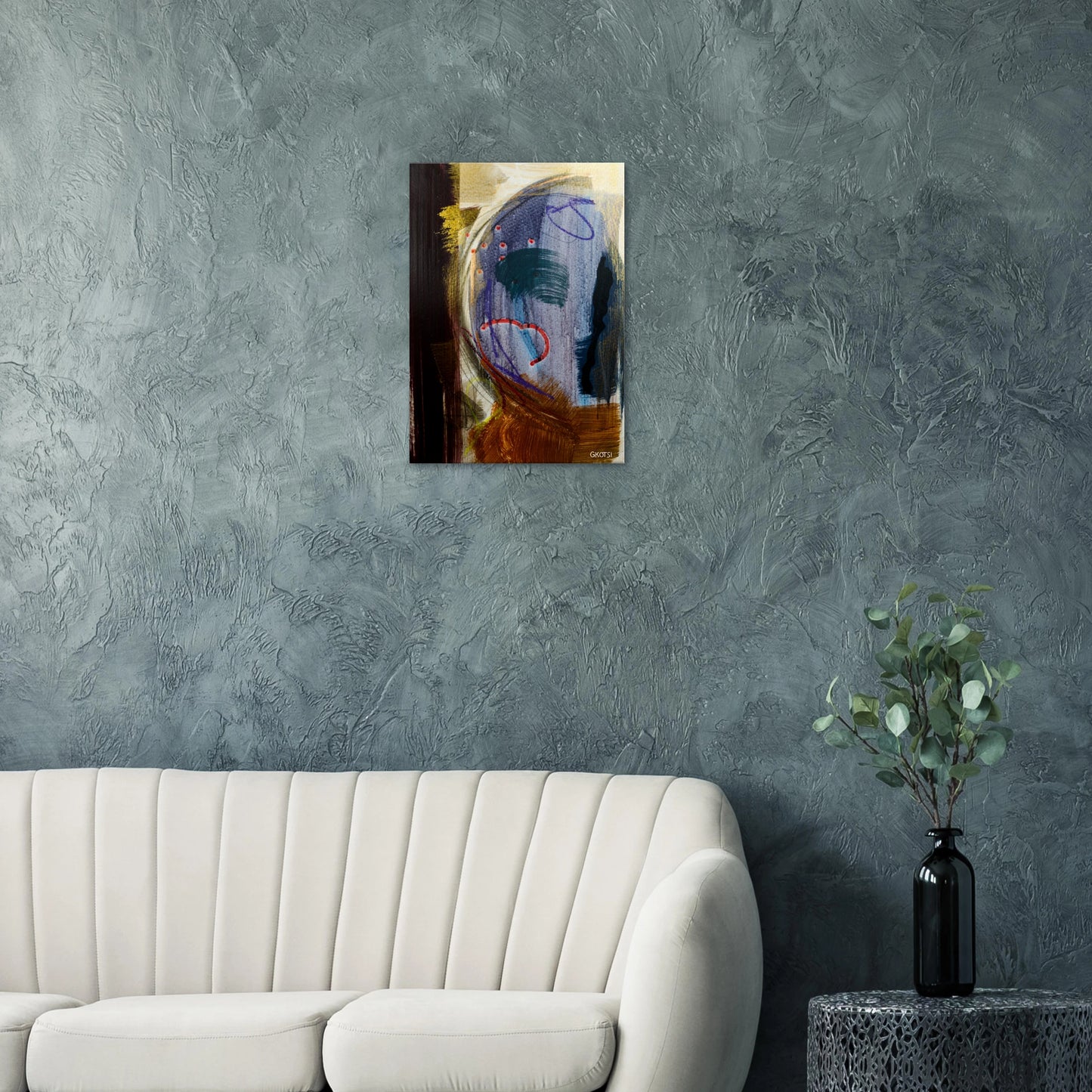 MOONY canvas print above grey sofa in living room
