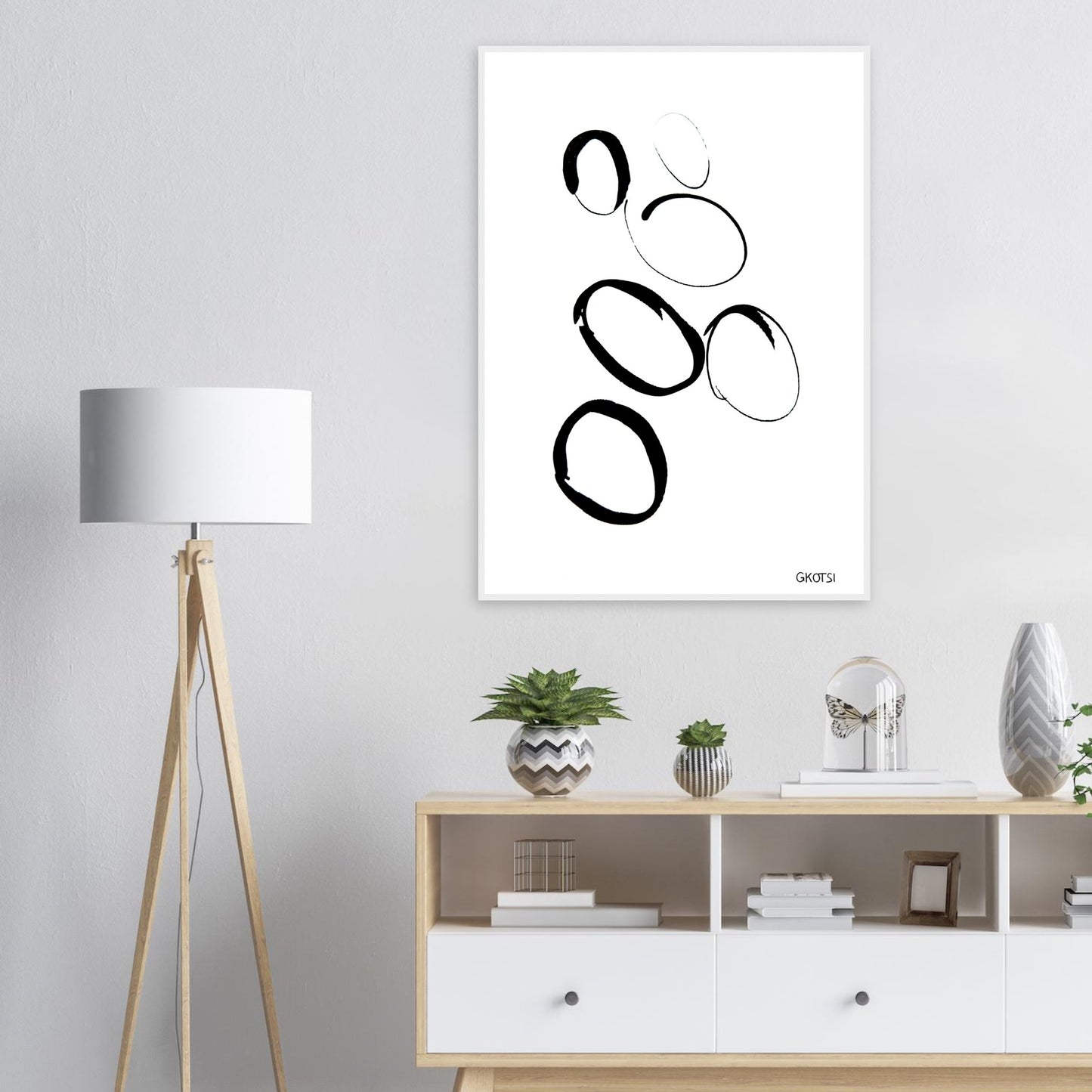 MULTIPLE poster print above dresser in room interior