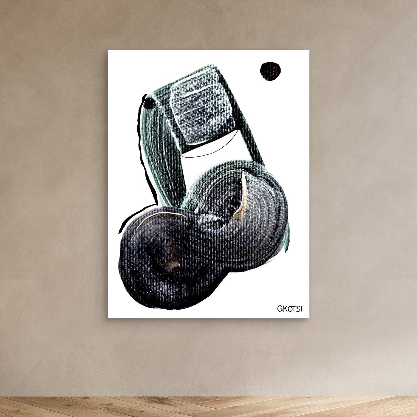 MUSIKNOTE canvas on light brown wall above wooden floor