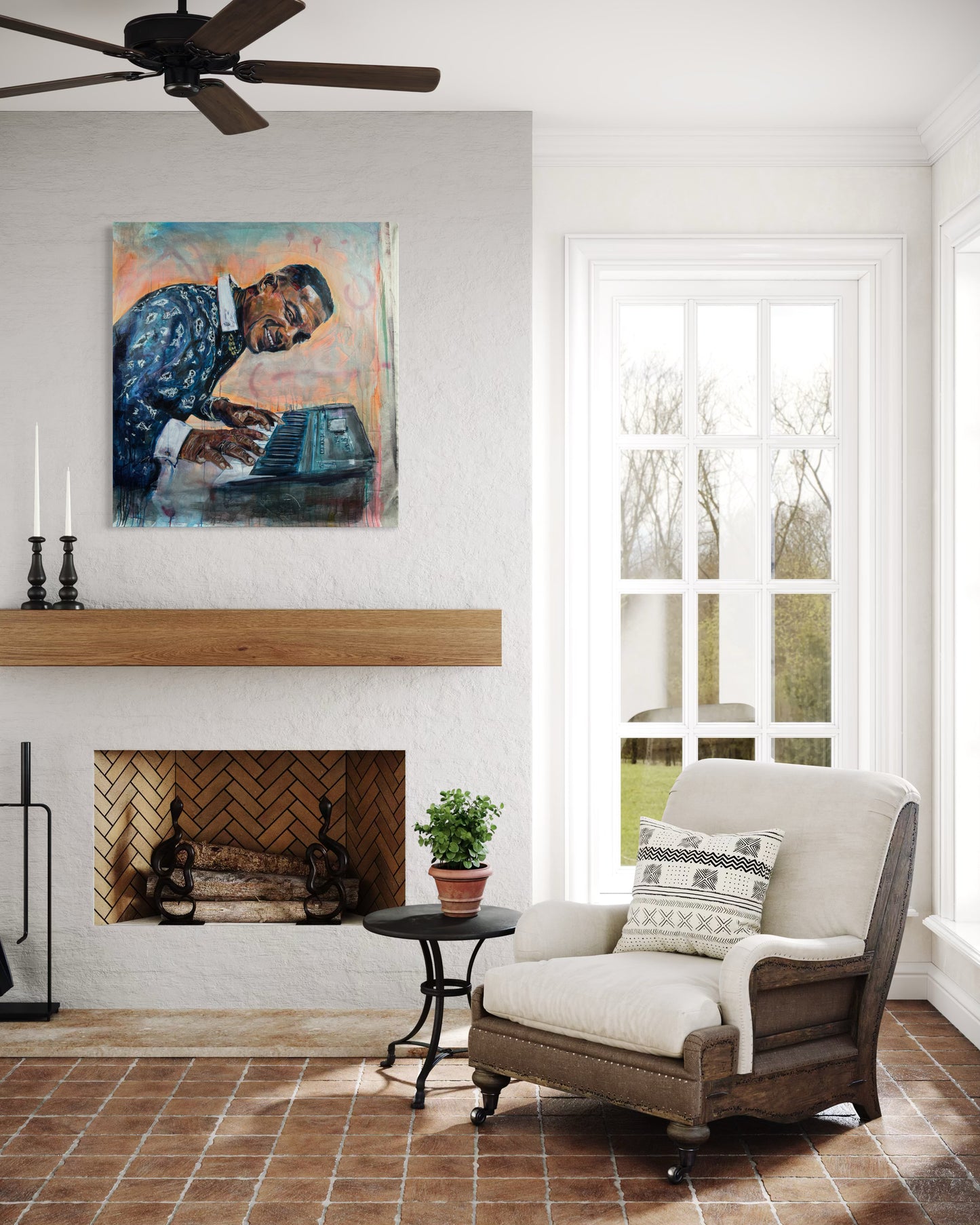 Manolito y su Trabuco above a fireplace and sofa