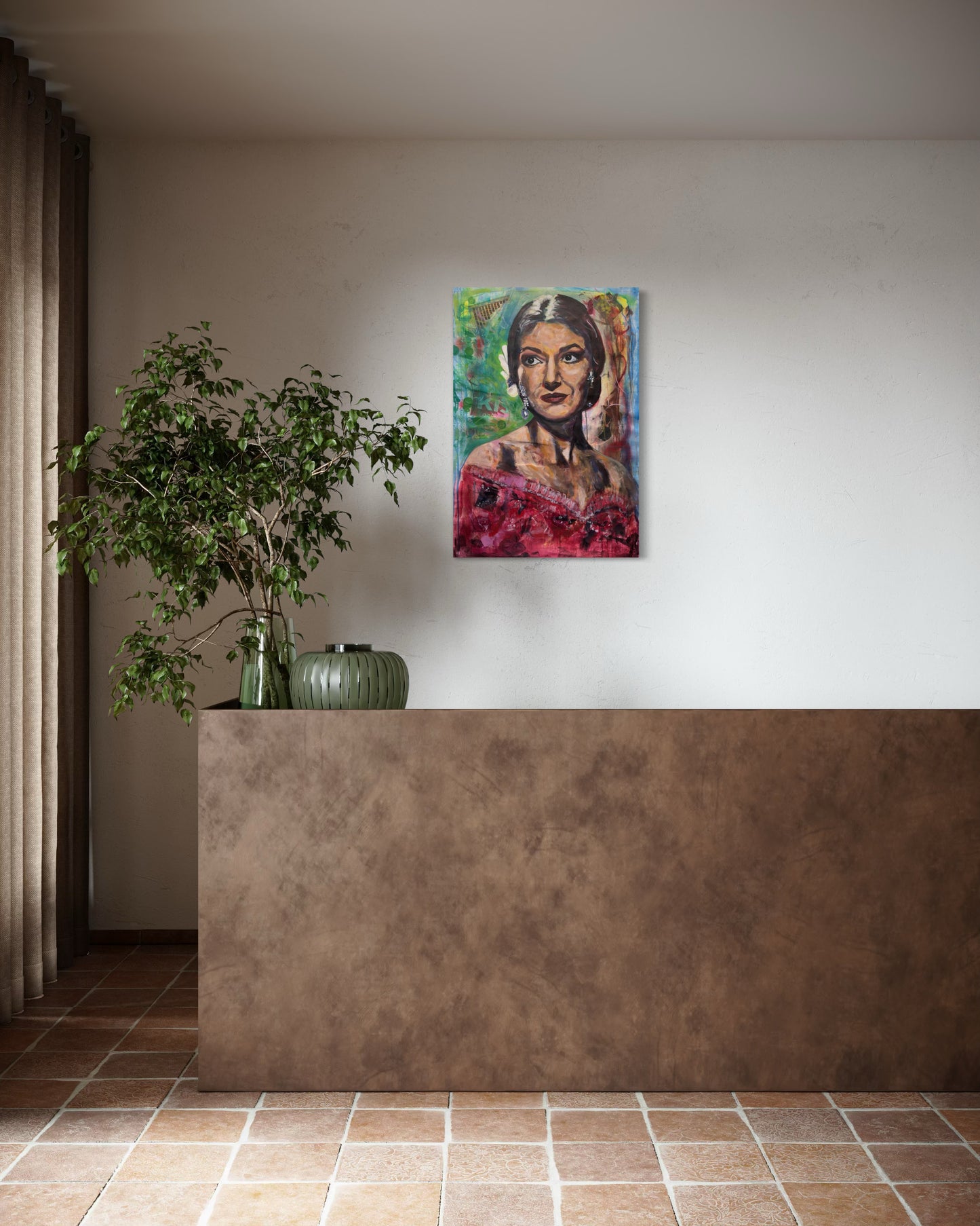 Maria Callas Original Painting above reception with plant