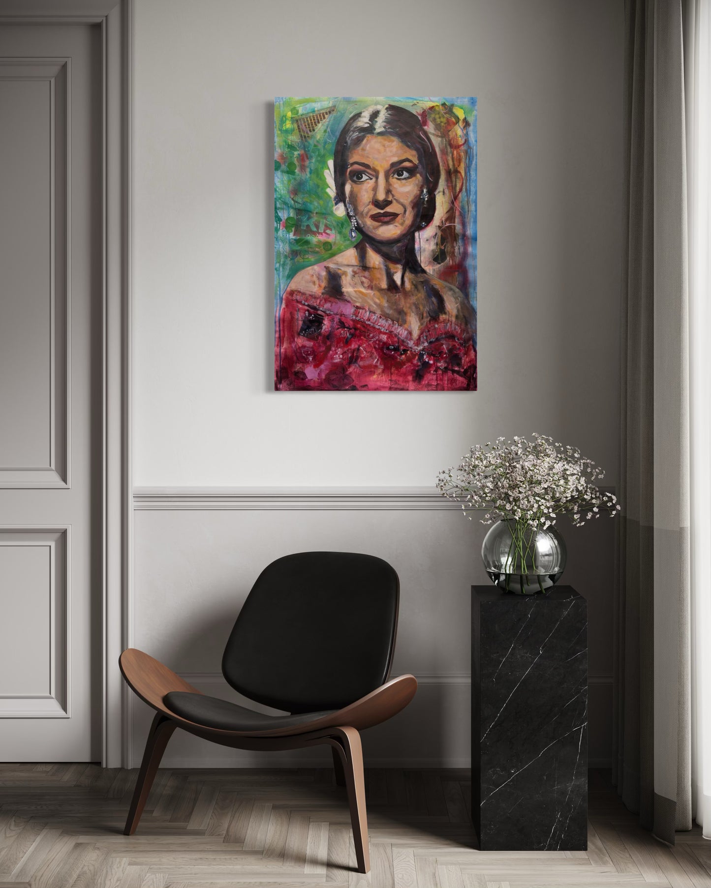 Maria Callas Portrait Original Painting on corner wall above stylish chair and vase