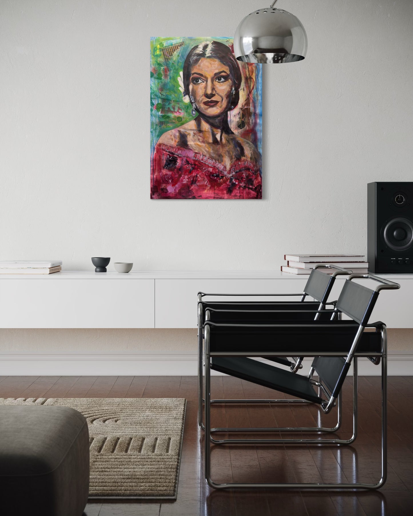 Maria Callas Portrait Original Painting above white modern dresser