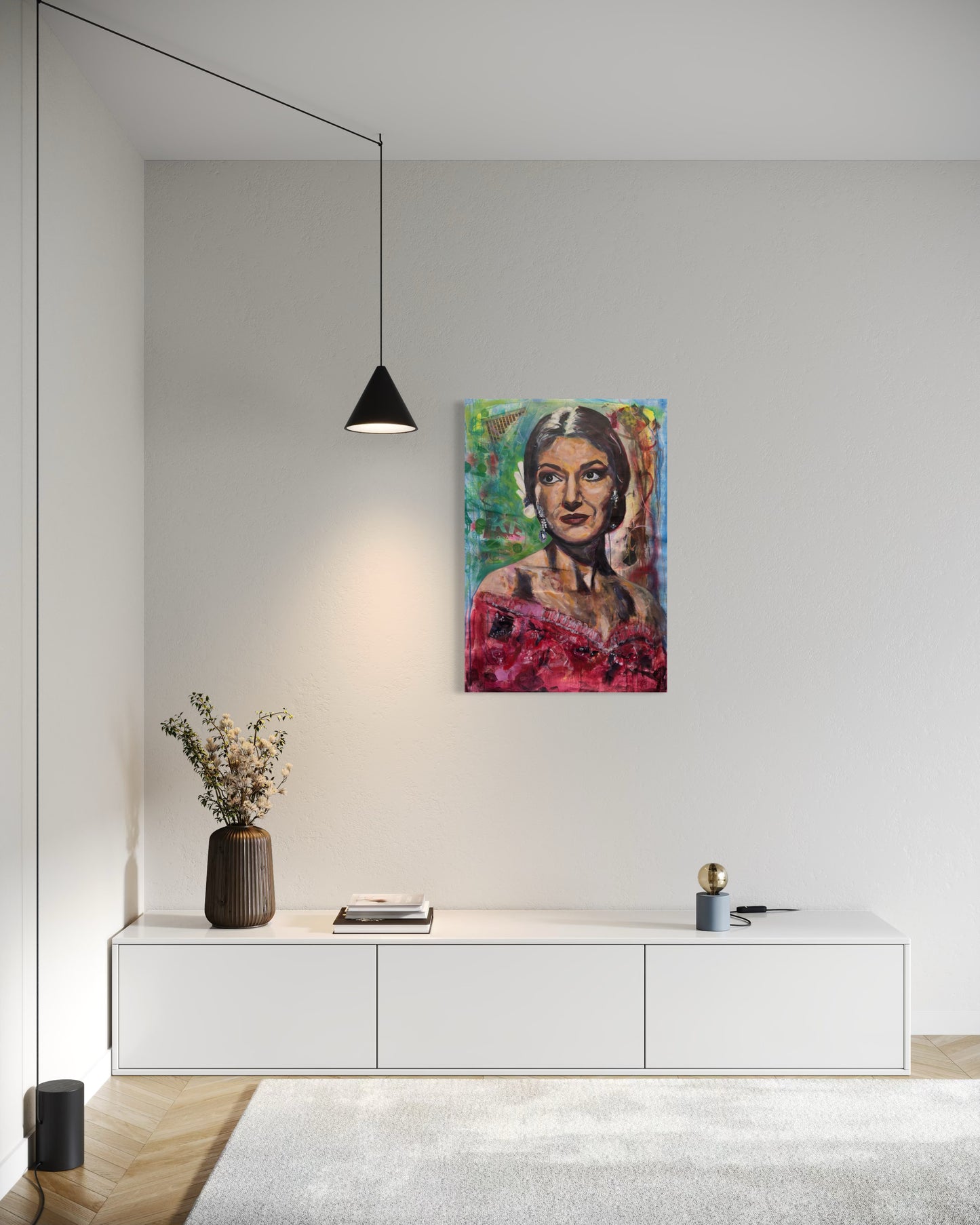 Maria Callas Portrait Original Painting above minimalistic dresser in white