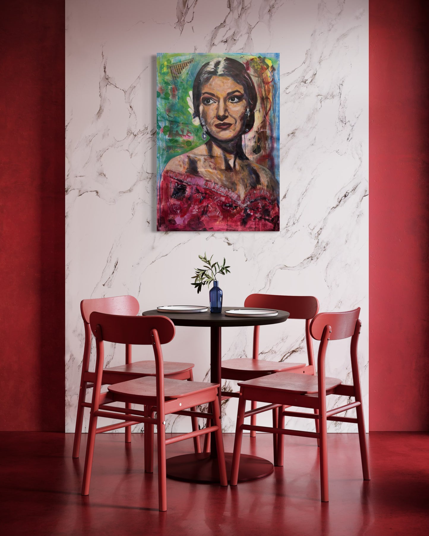 Maria Callas Portrait Original Painting at breakfast table in red interior