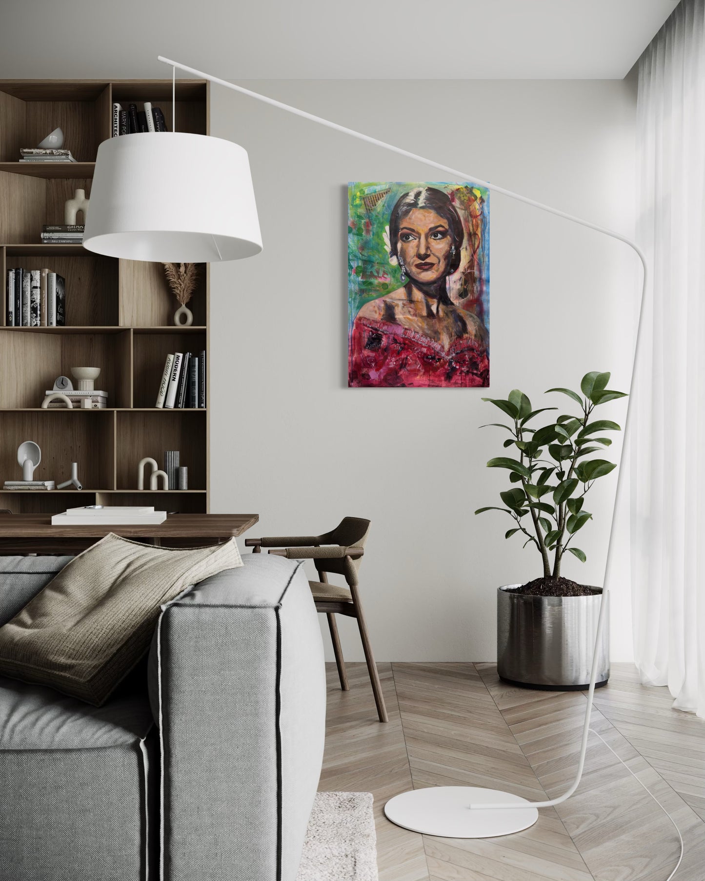 Maria Callas Portrait Original Painting in living room with large pendant lamp