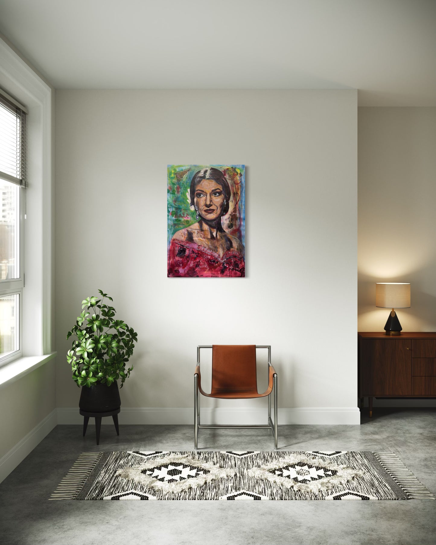 Maria Callas Portrait Original Painting next to window with chair and plant