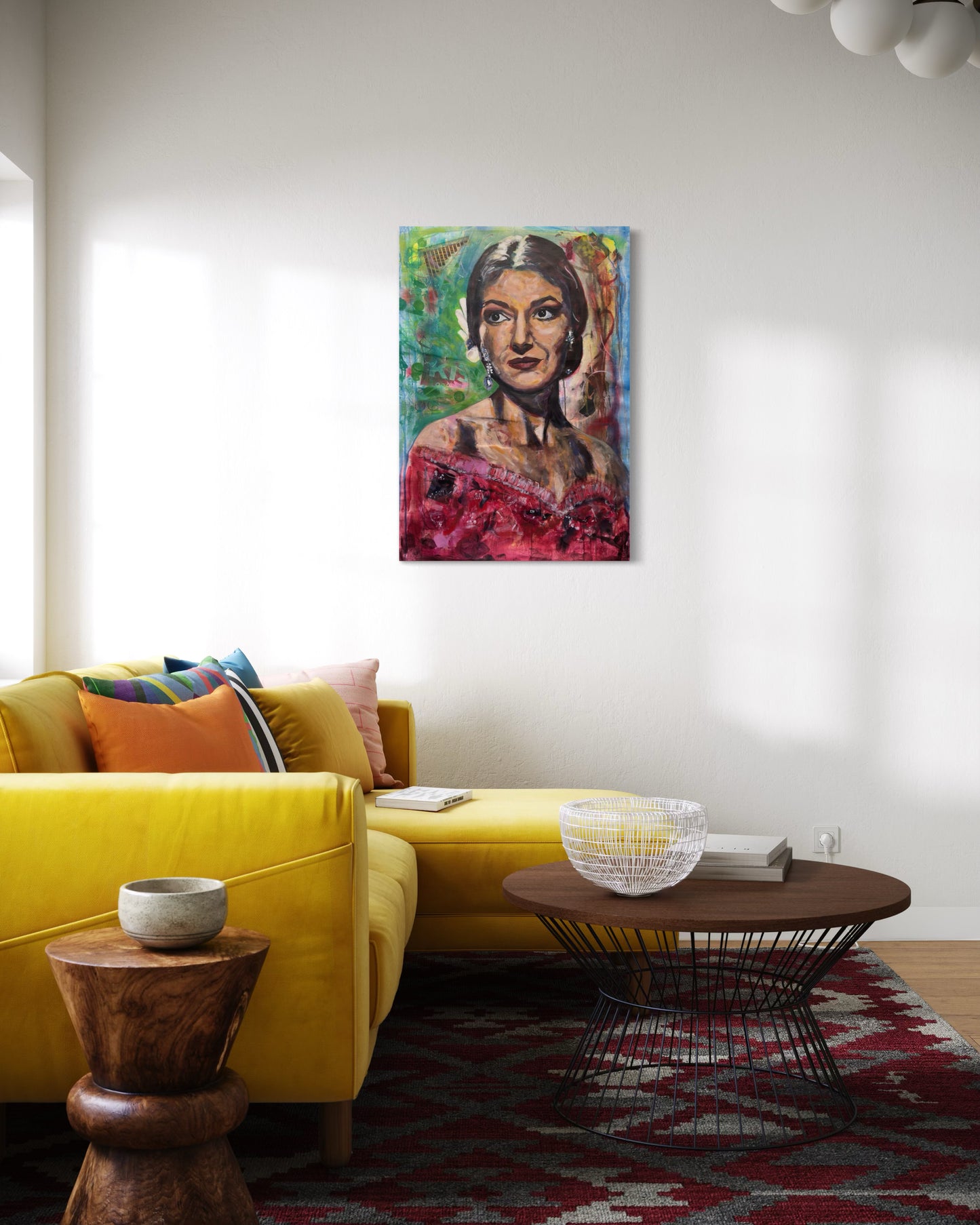 Maria Callas Portrait Original Painting over yellow velvet couch