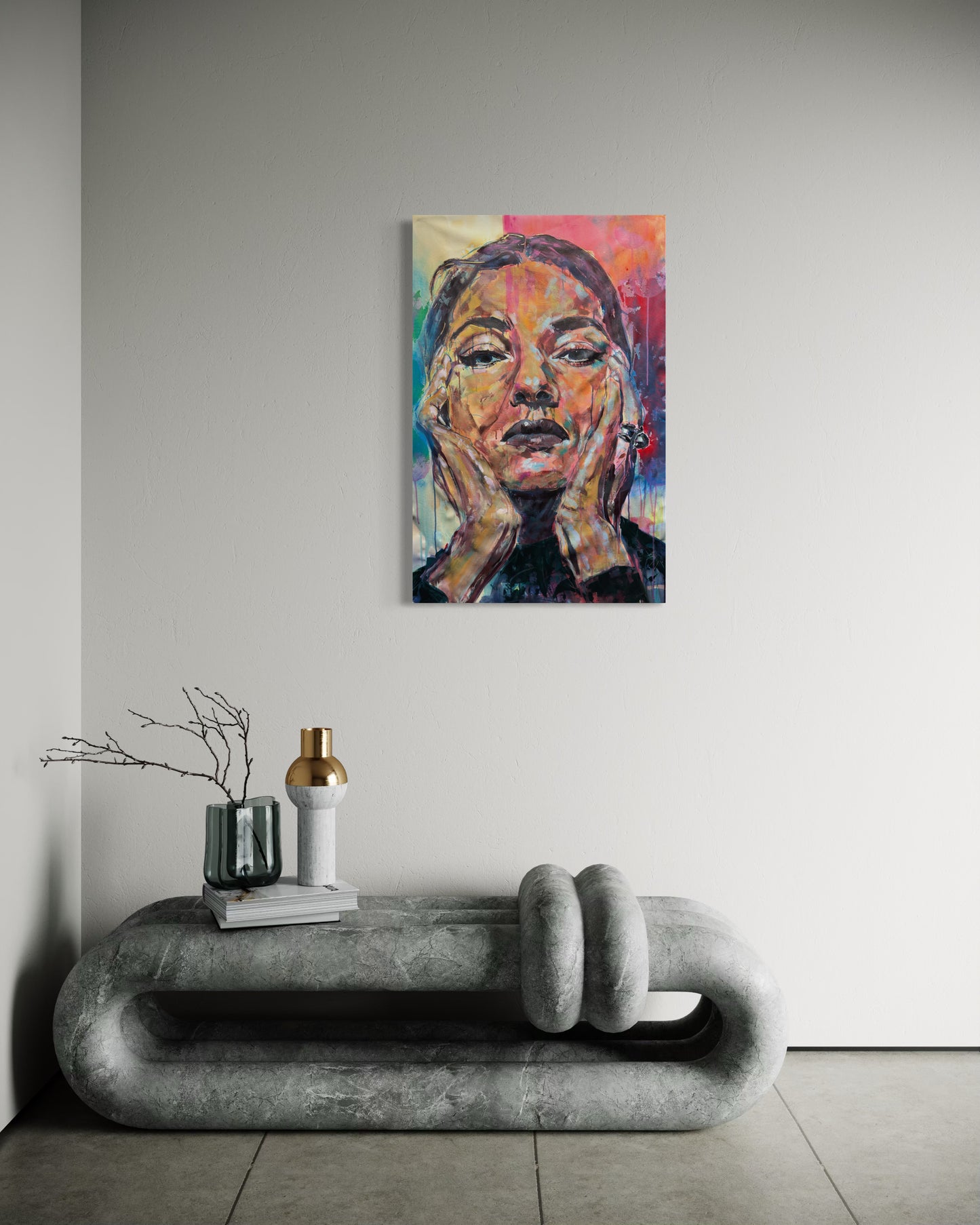 Maria Callas 2 above a modern dresser art piece