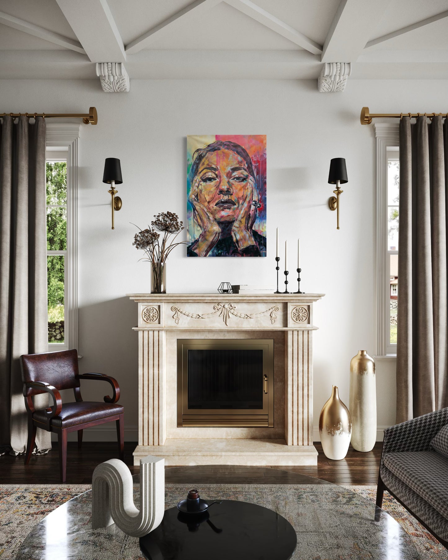 Maria Callas 2 above the fireplace in a classic room