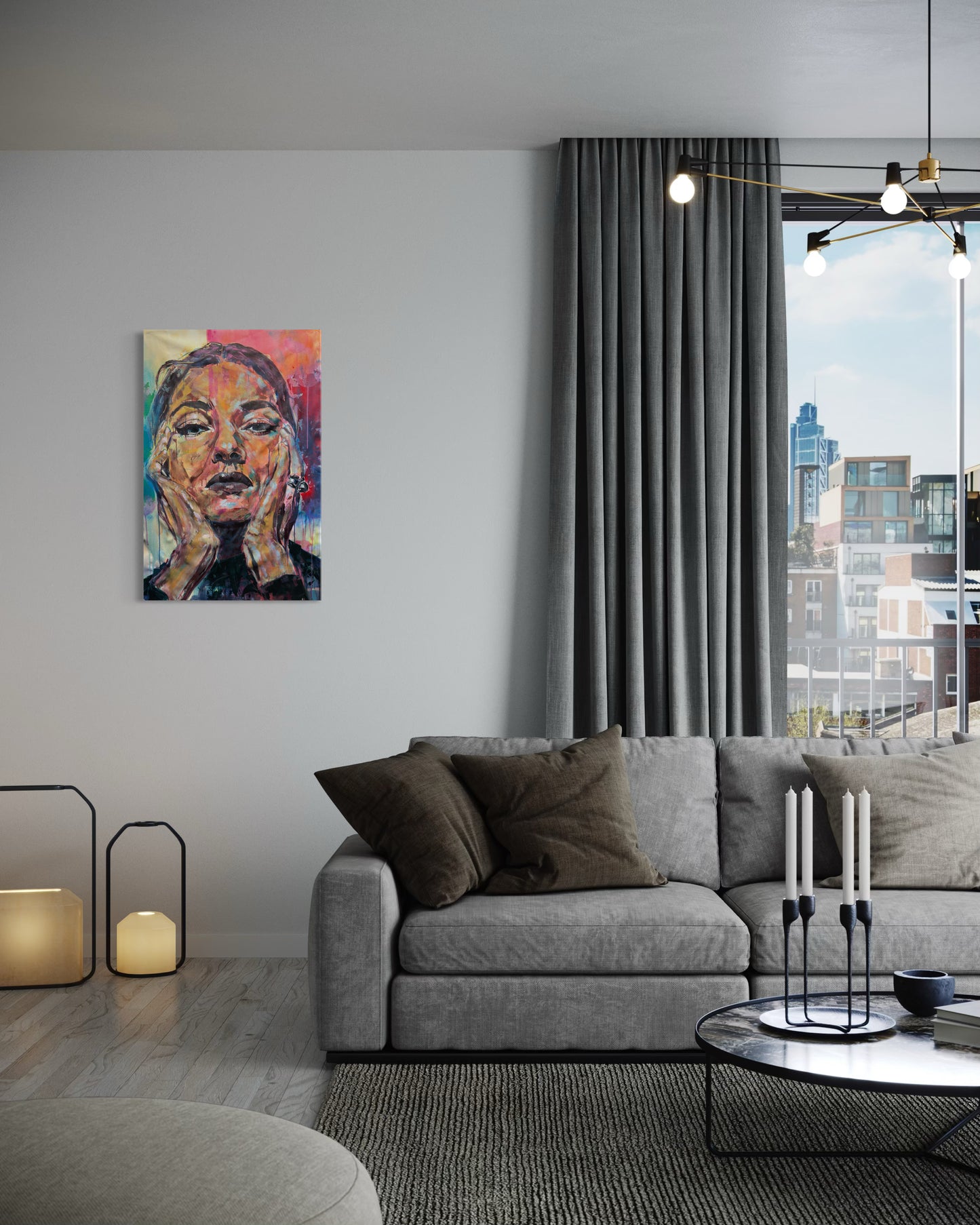 Maria Callas 2 in gray living room with candles and gray curtains