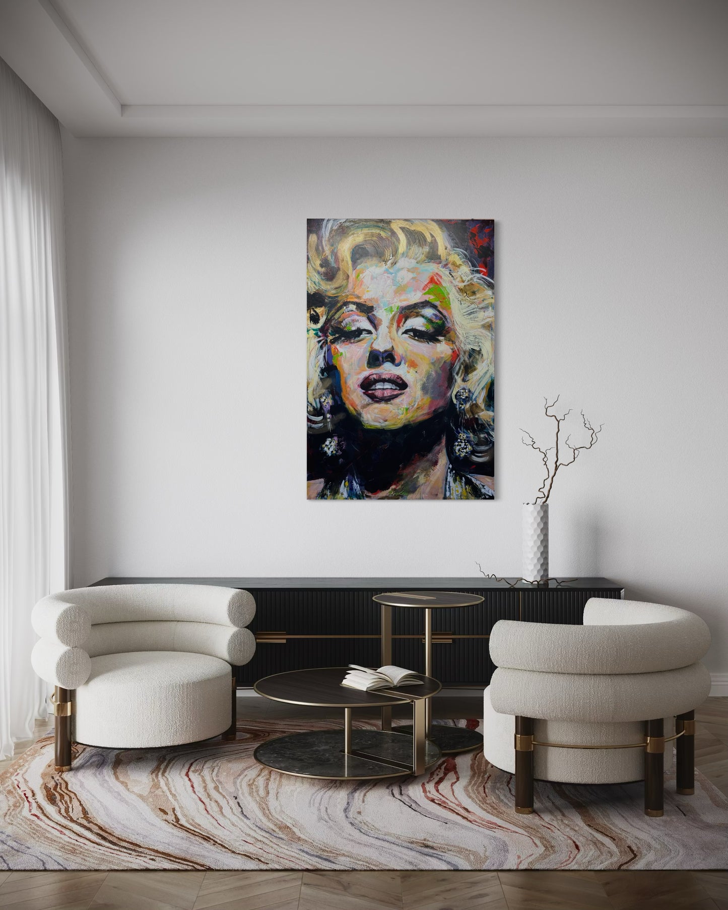 Marilyn Monroe Portrait Original Painting above black dresser in reading corner