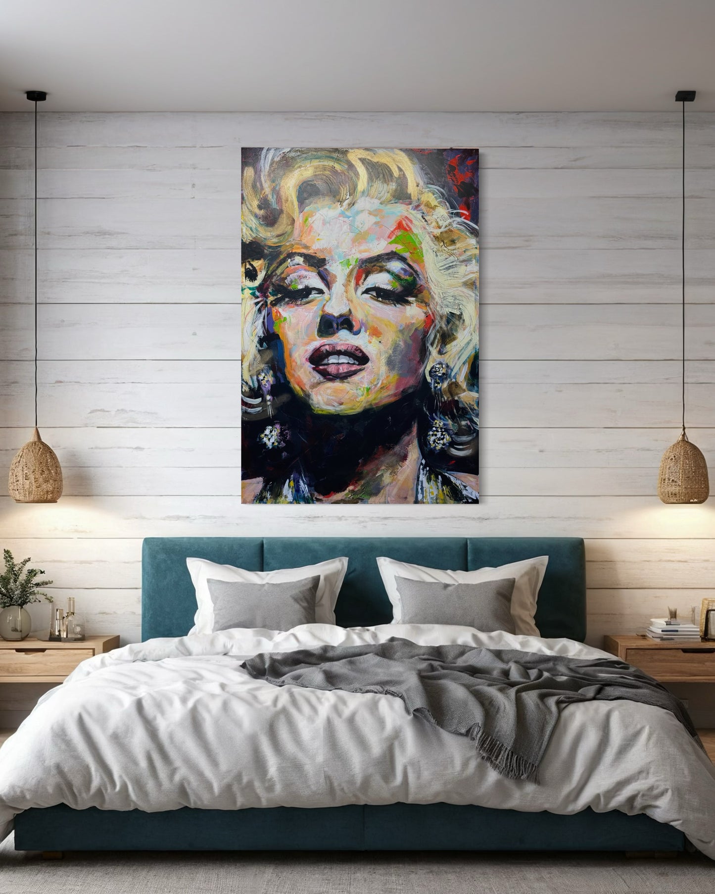 Marilyn Monroe Portrait Original Painting above modern double bed
