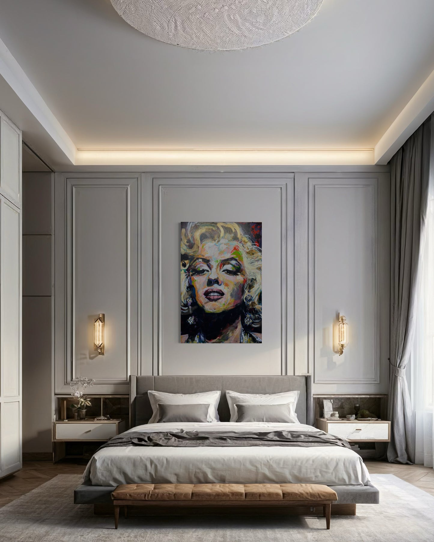 Marilyn Monroe Portrait Original Painting in luxury master bedroom