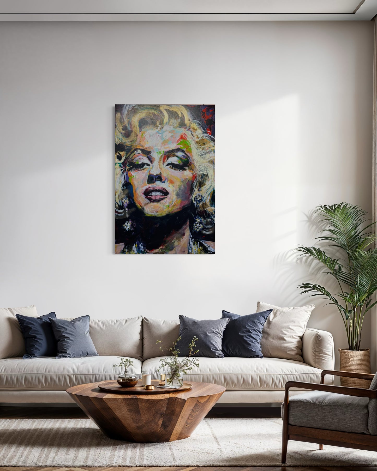 Marilyn Monroe Portrait Original Painting above large beige couch