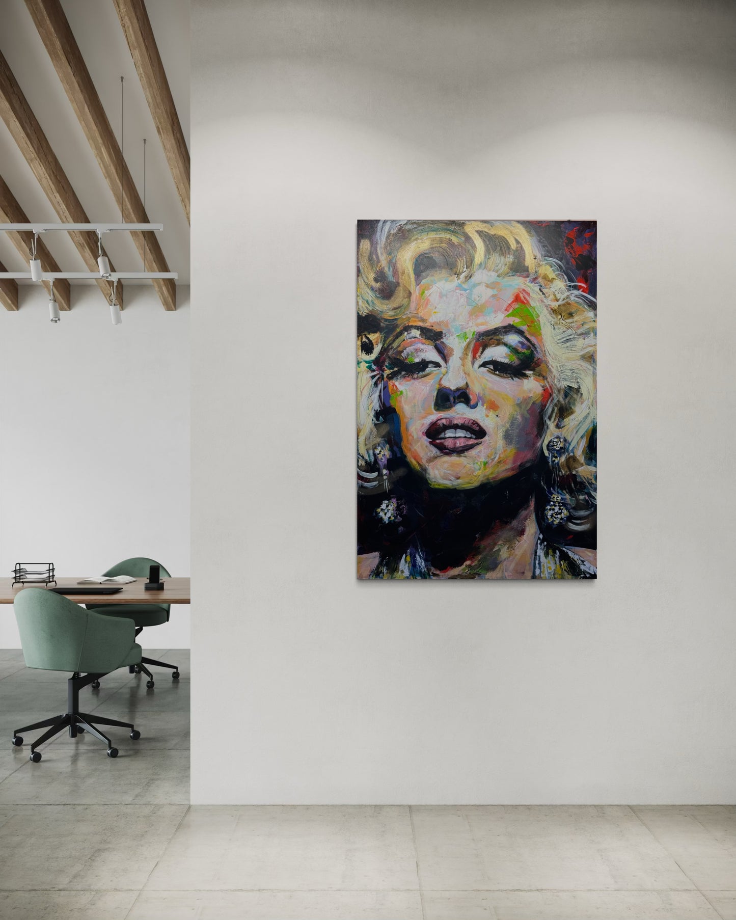 Marilyn Monroe Portrait Original Painting in modern loft office