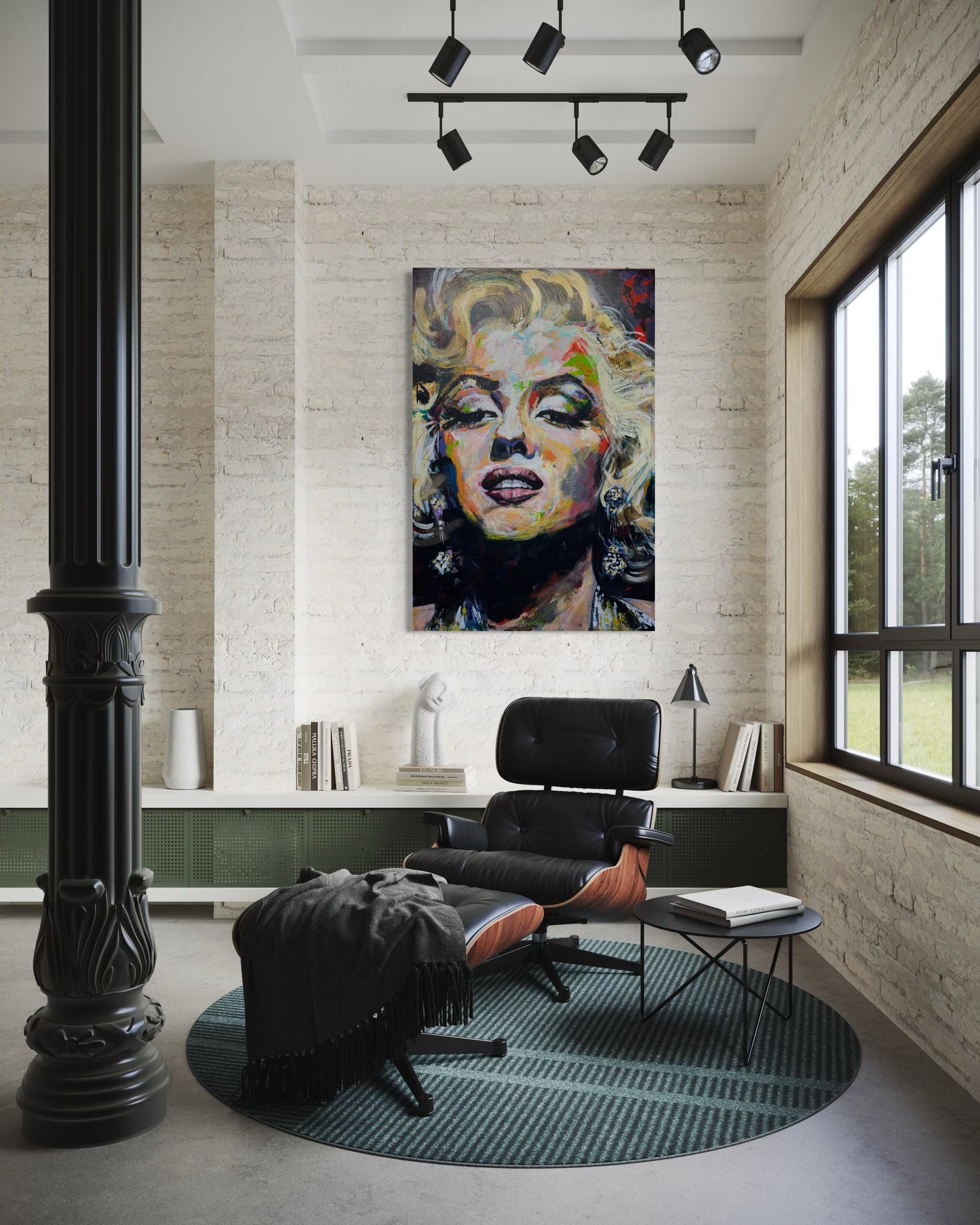 Marilyn Monroe Portrait Original Painting in stylish room with white wall