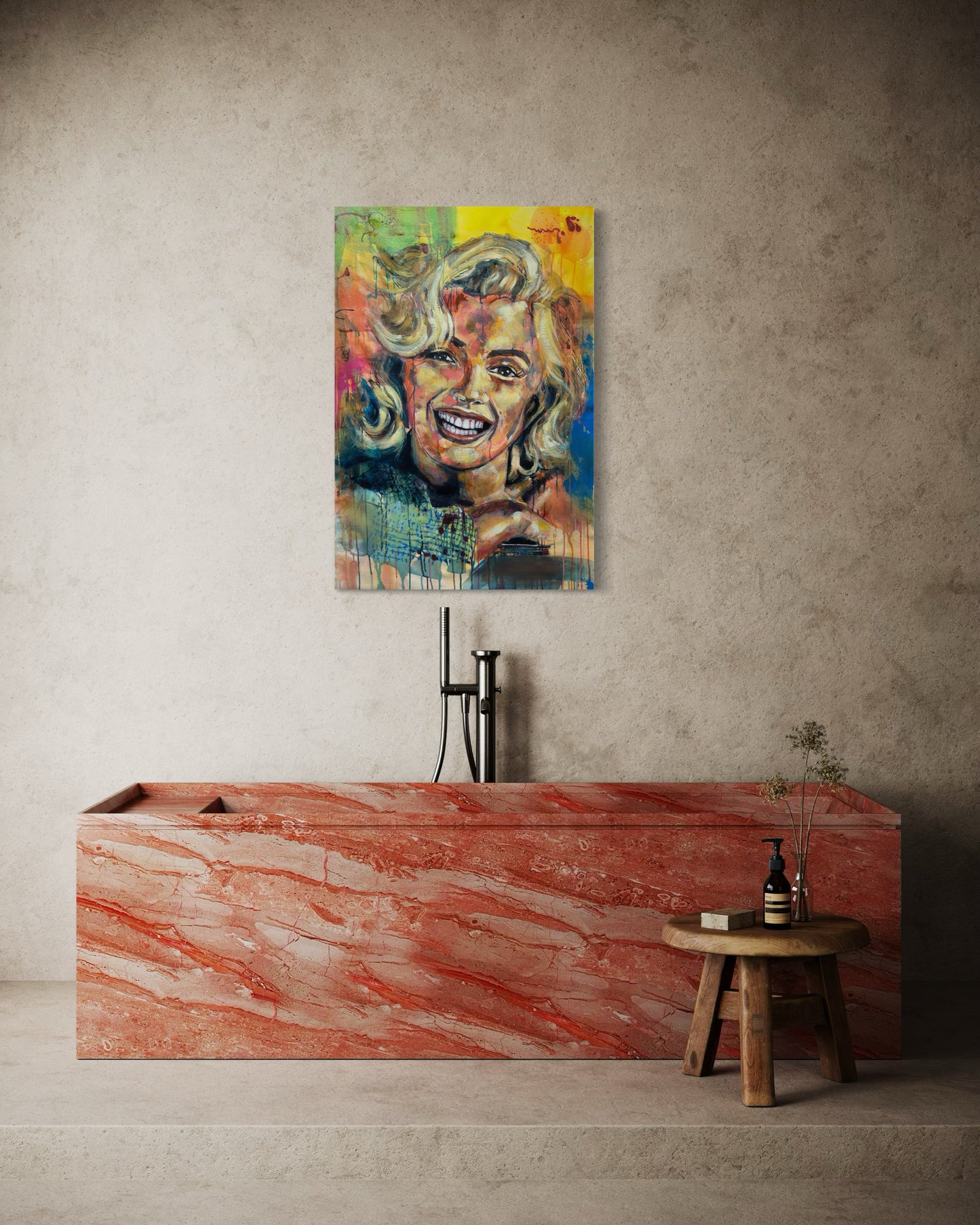Marilyn Monroe Portrait Painting above luxury red marble bathtub