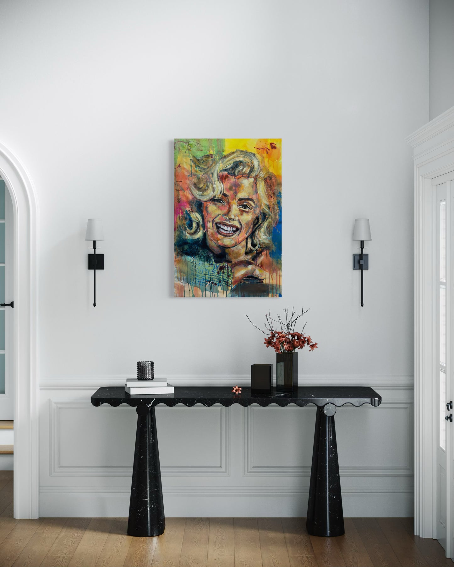Marilyn Monroe Portrait Painting above a elegant table dresser