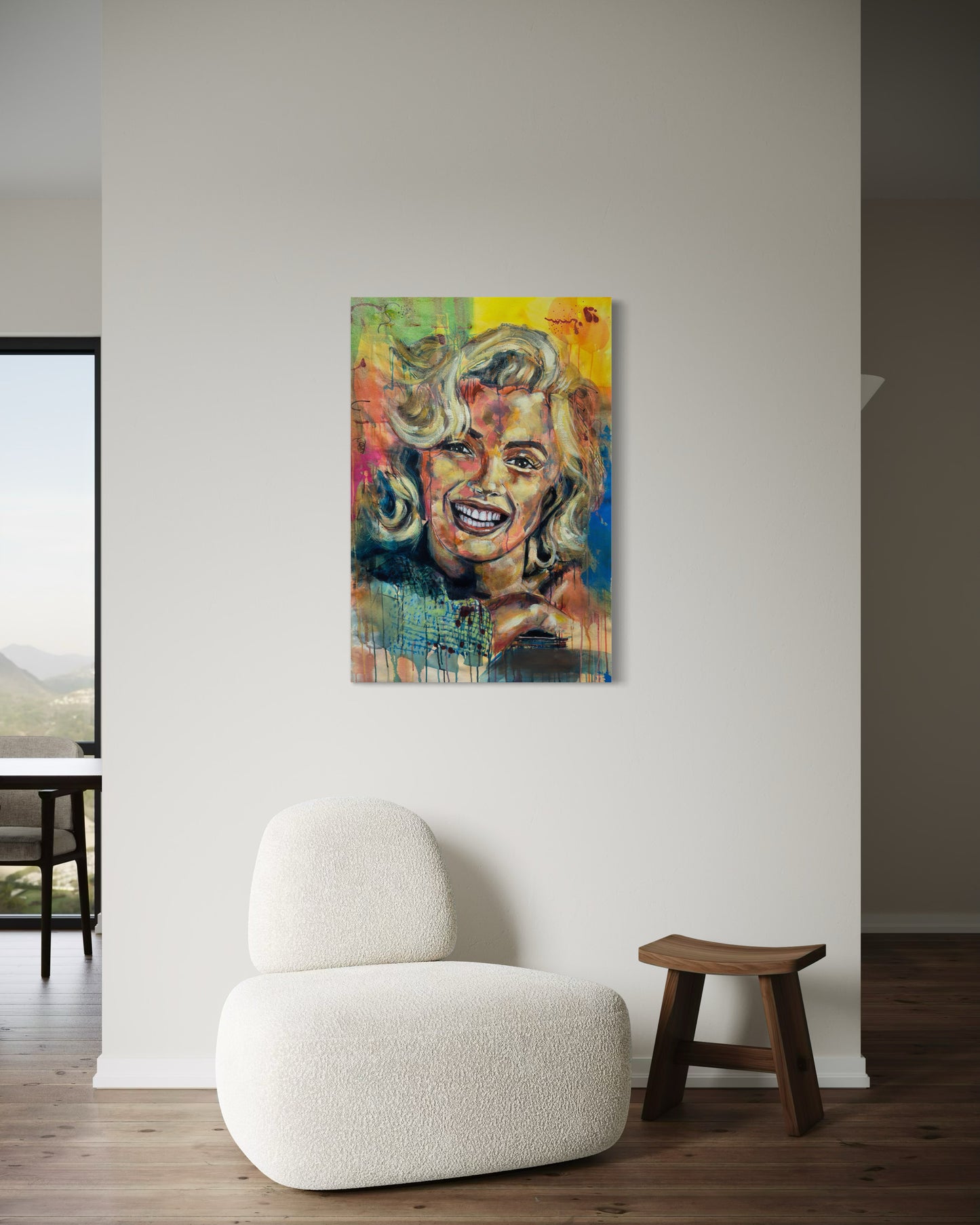 Marilyn Monroe Portrait Painting above modern white sofa