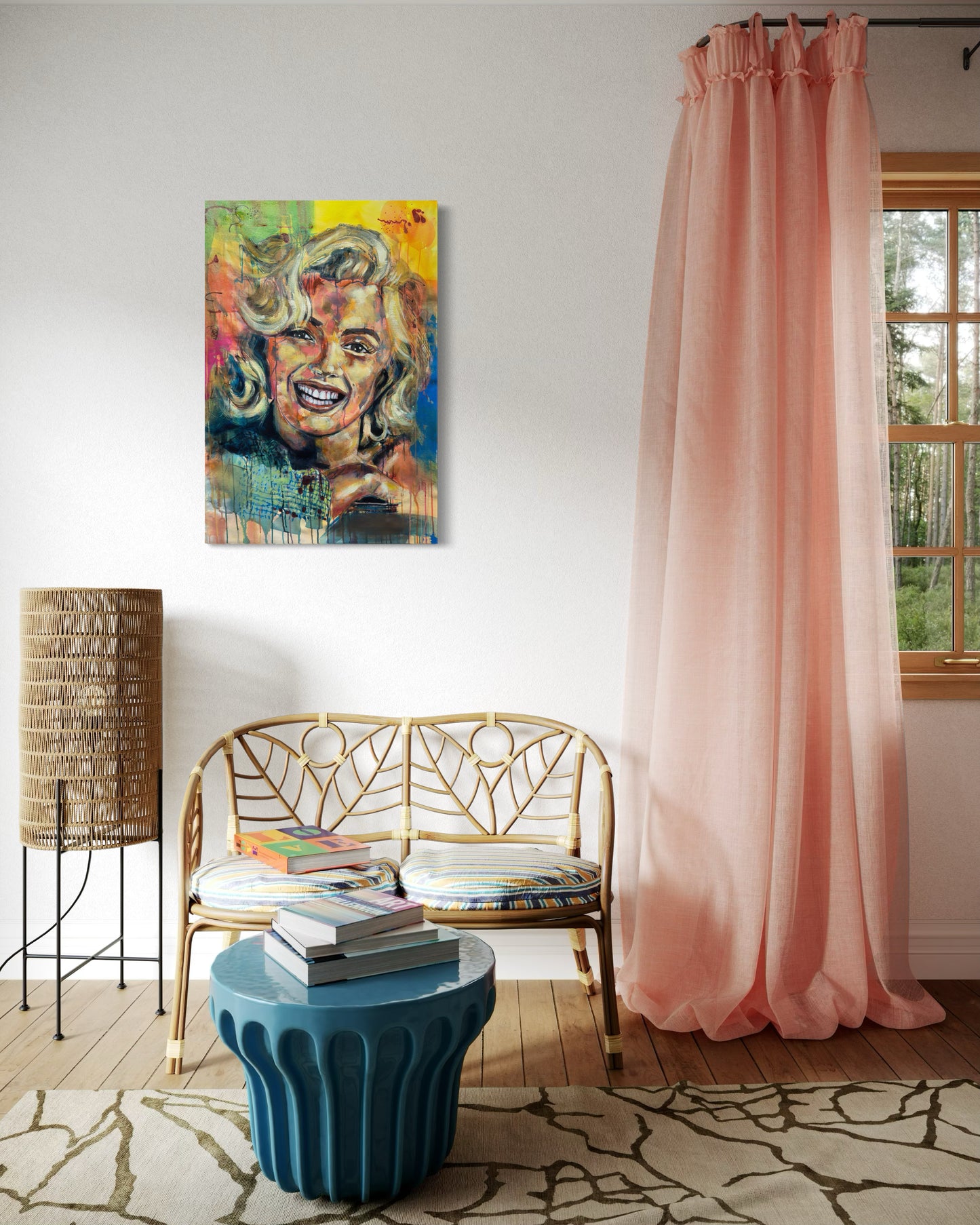 Marilyn Monroe Portrait Painting above double archair with backrest and stool