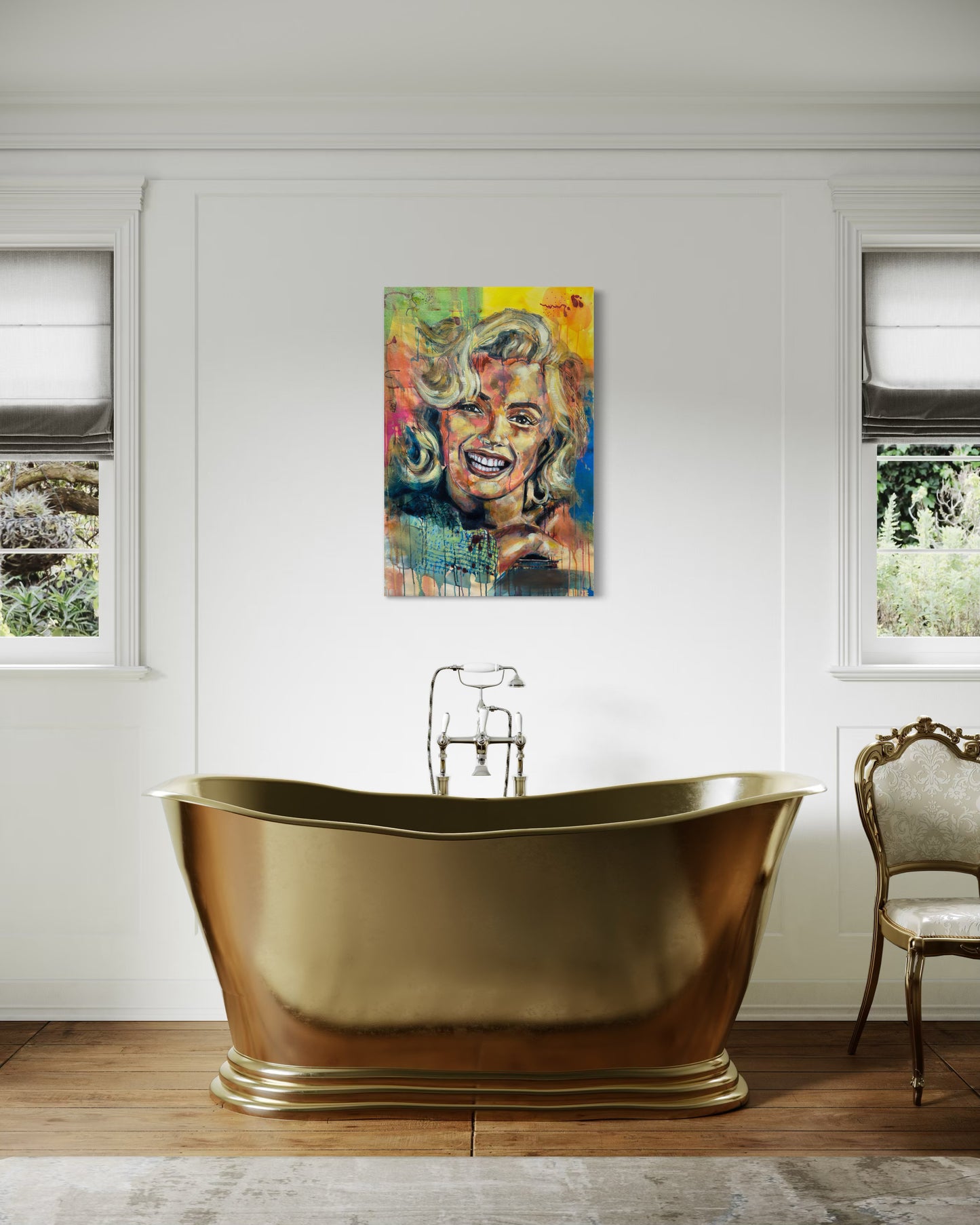 Marilyn Monroe Portrait Painting above luxury bathtub