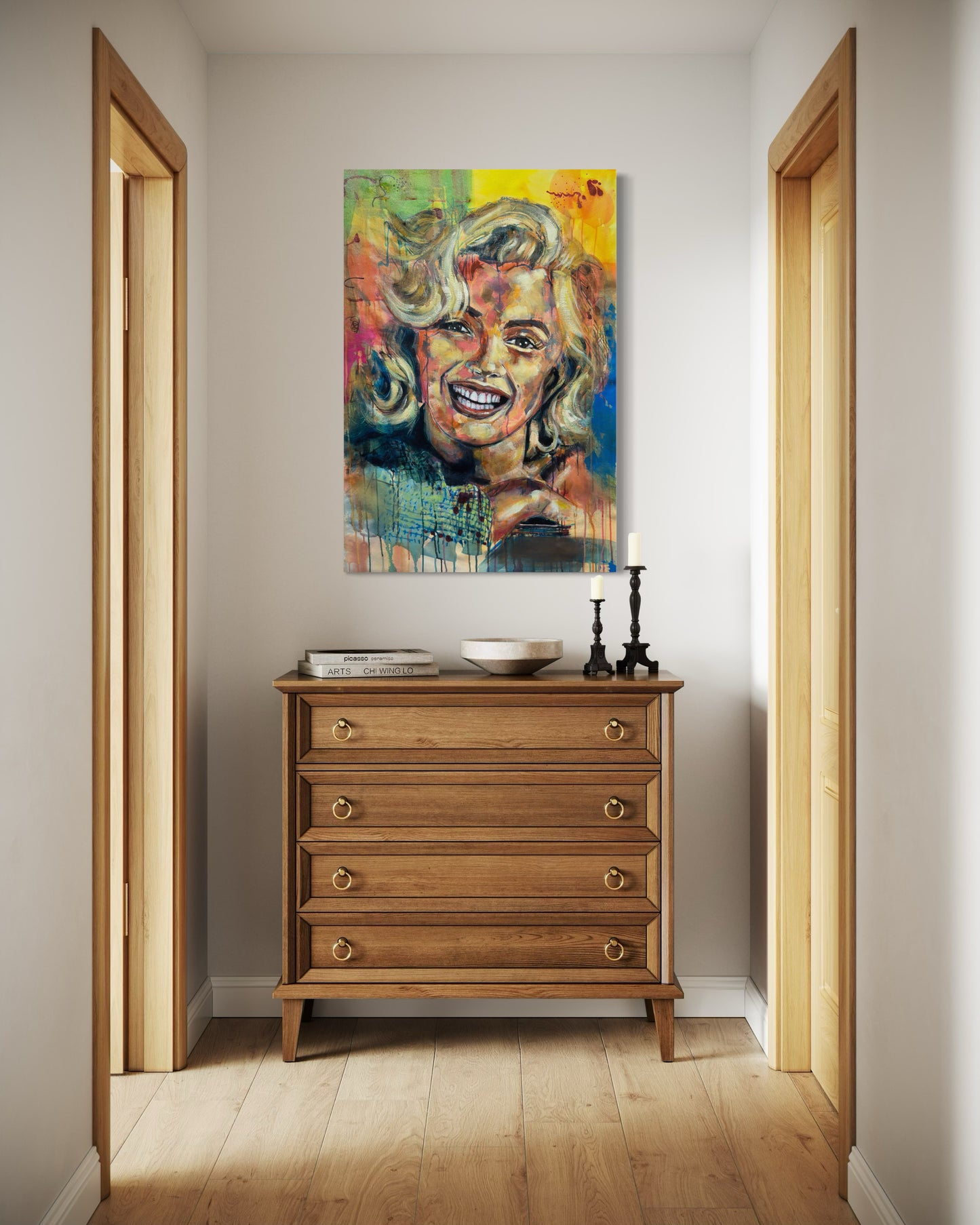 Marilyn Monroe Portrait Painting above wooden cabinet in hallway