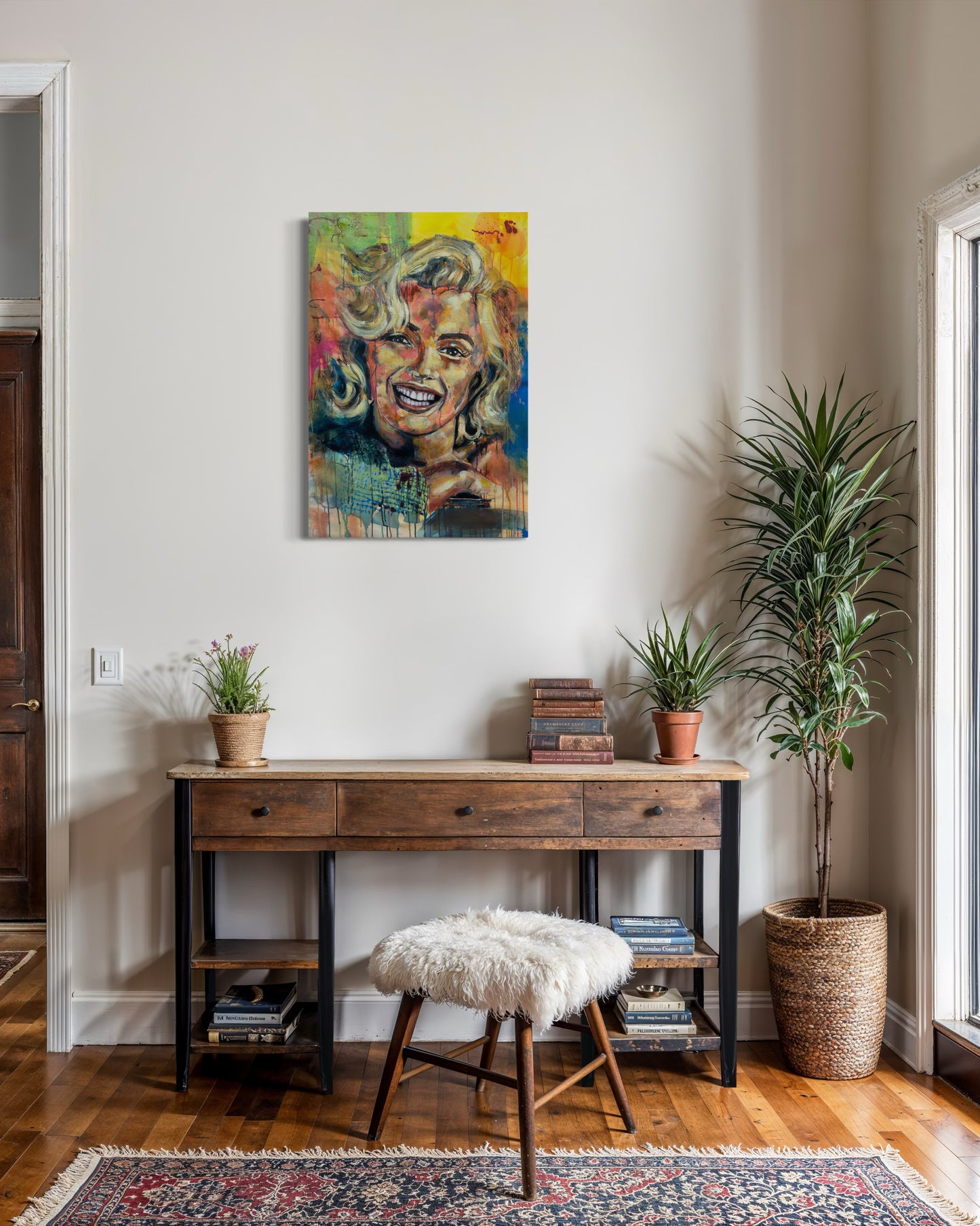 Marilyn Monroe Portrait Painting above wooden desk with stool