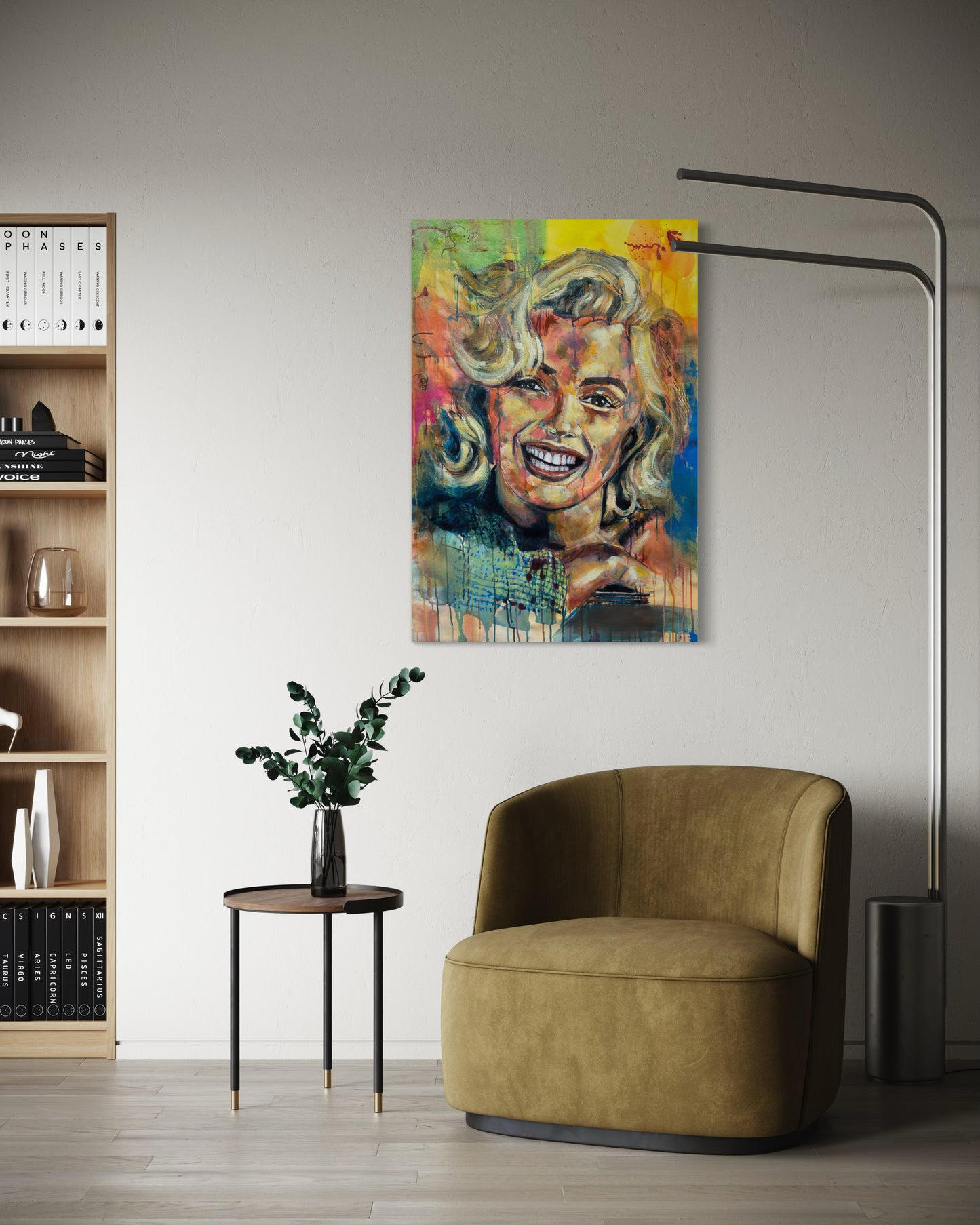 Marilyn Monroe Portrait Painting in a reading corner with floor lamp