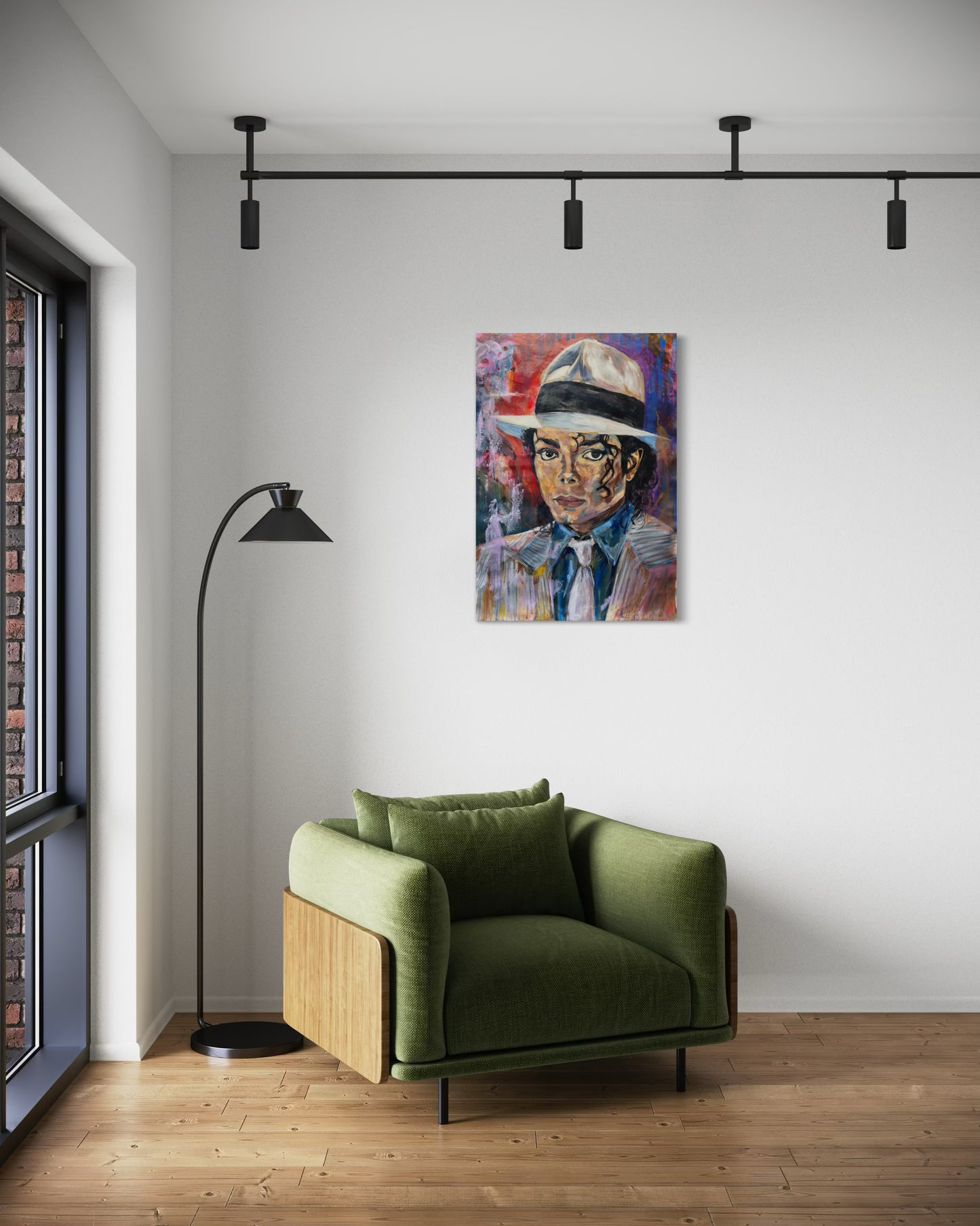 Michael Jackson Portrait Original Painting above green sofa in corner