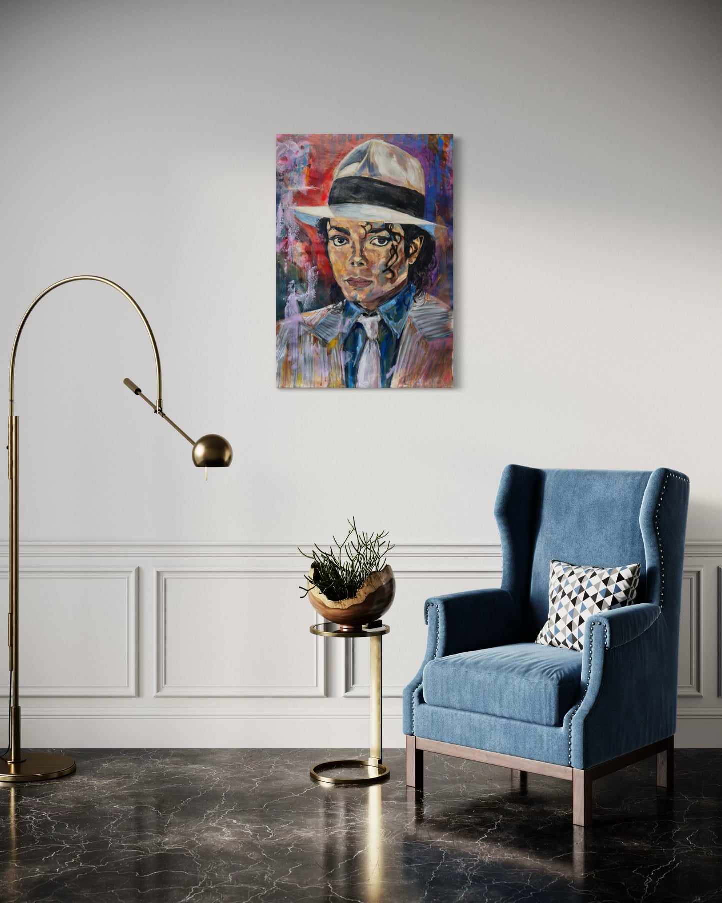 Michael Jackson Portrait Original Painting above blue velvet chair