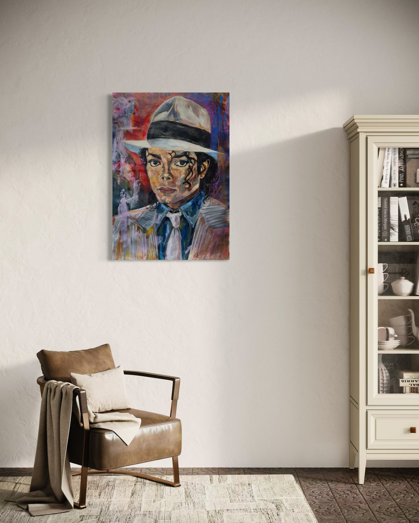 Michael Jackson Portrait Original Painting above leather chair and next to cabinet