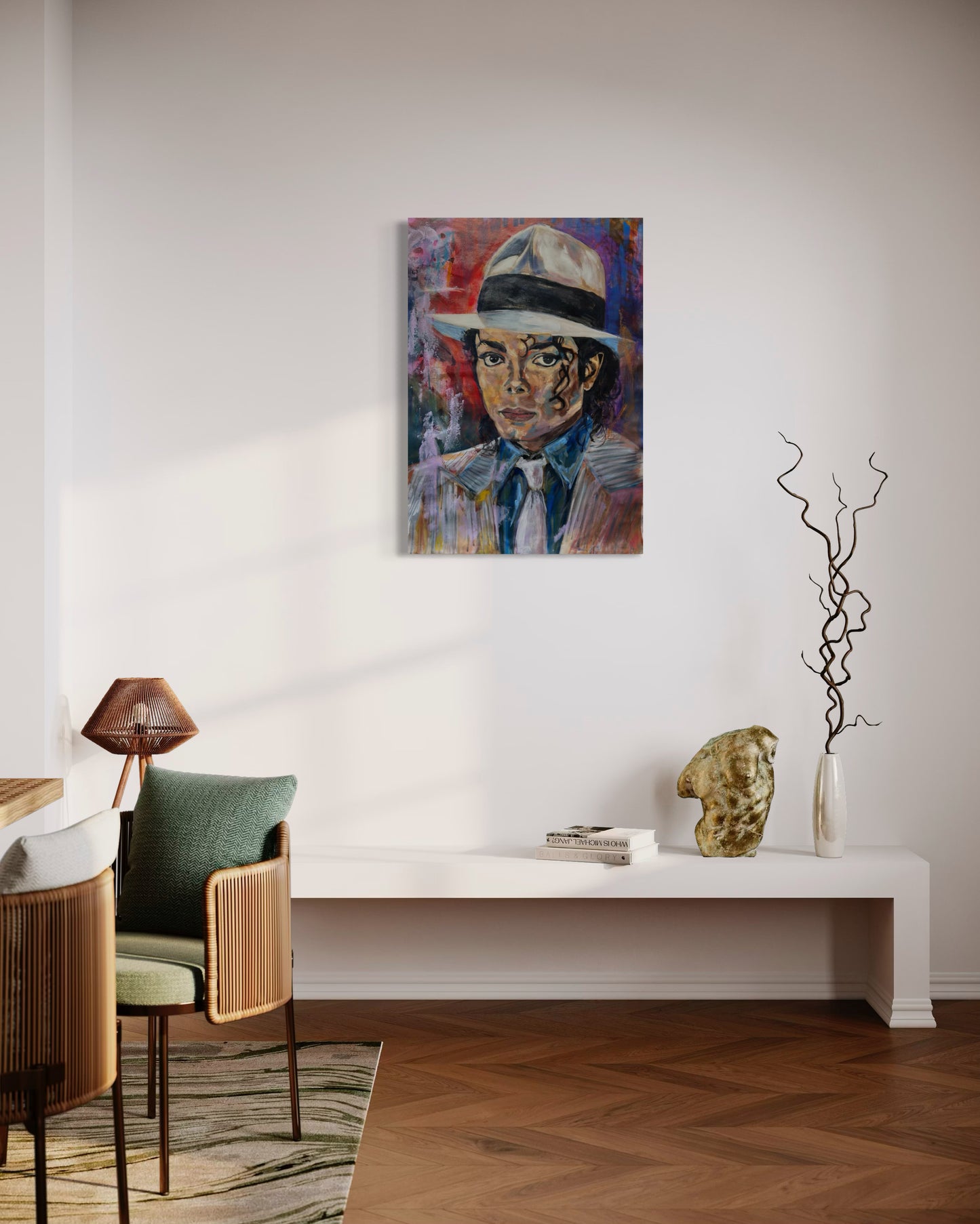 Michael Jackson Portrait Original Painting above white dresser in home office