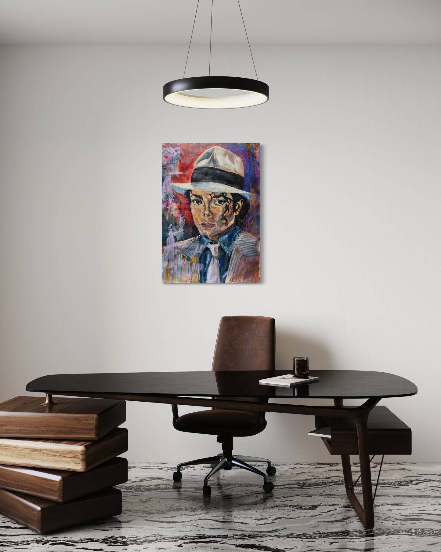Michael Jackson Portrait Original Painting above an ultra modern office desk