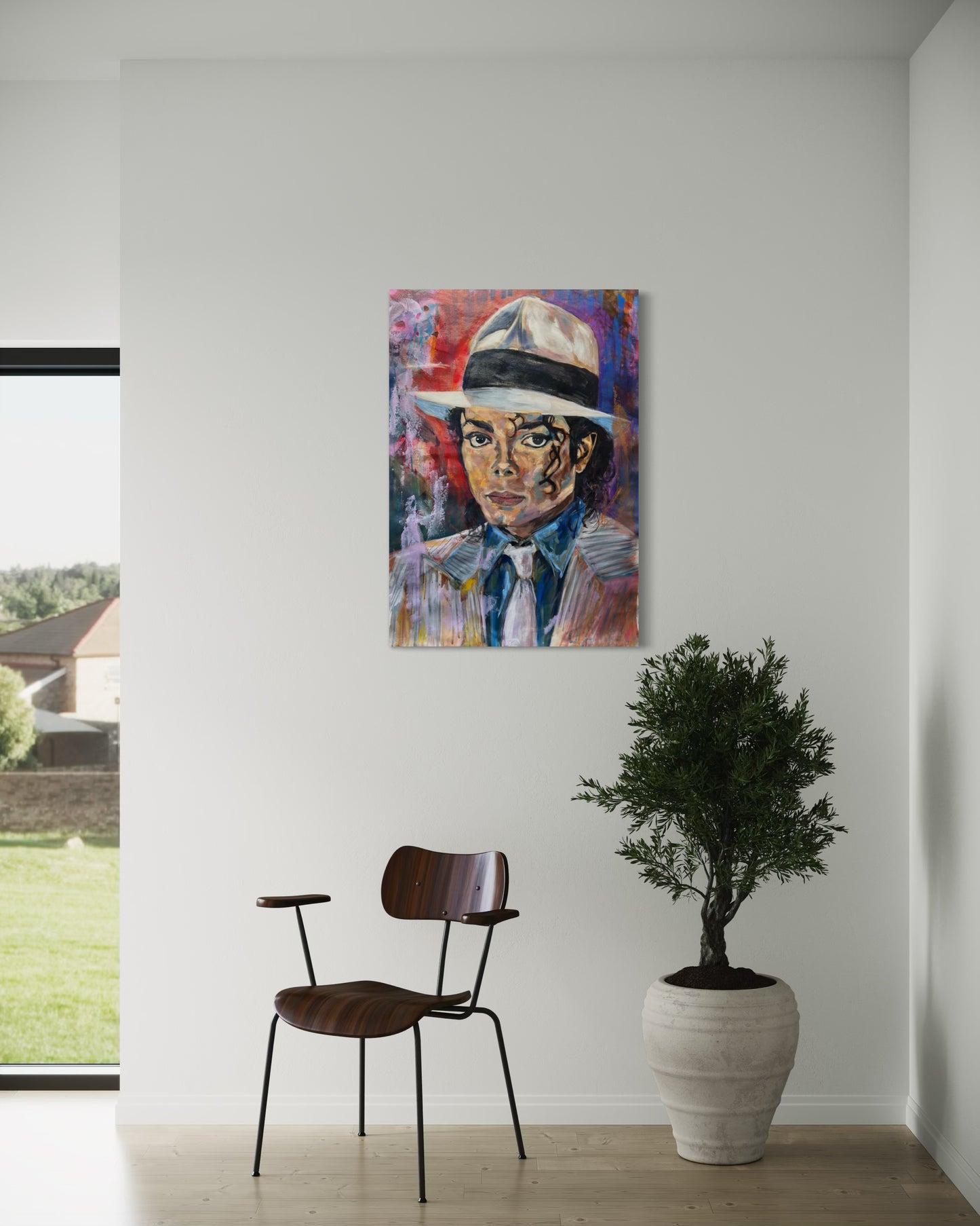 Michael Jackson Portrait Original Painting in corner above chair and plant with view