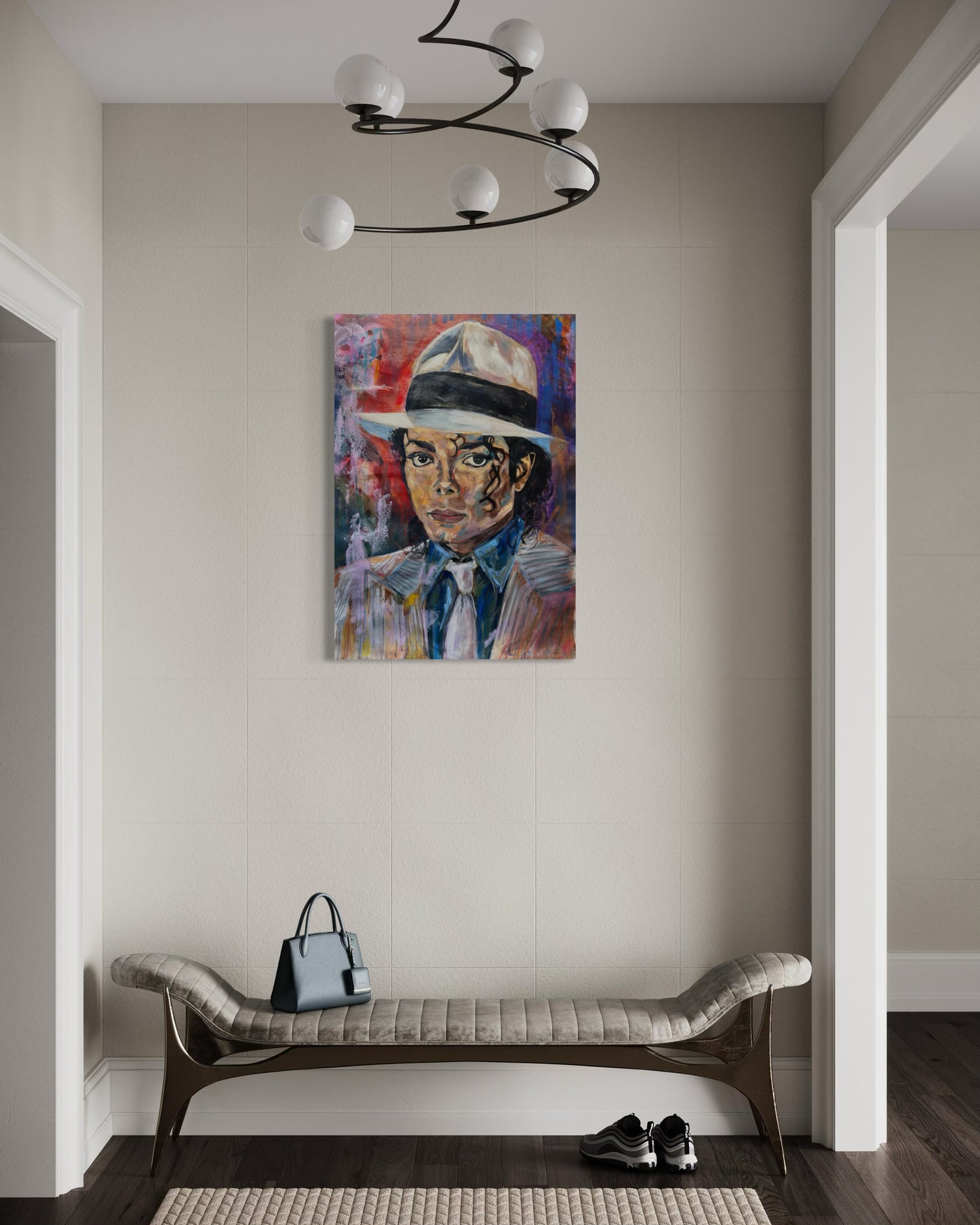 Michael Jackson Portrait Original Painting in the hallway above a divan