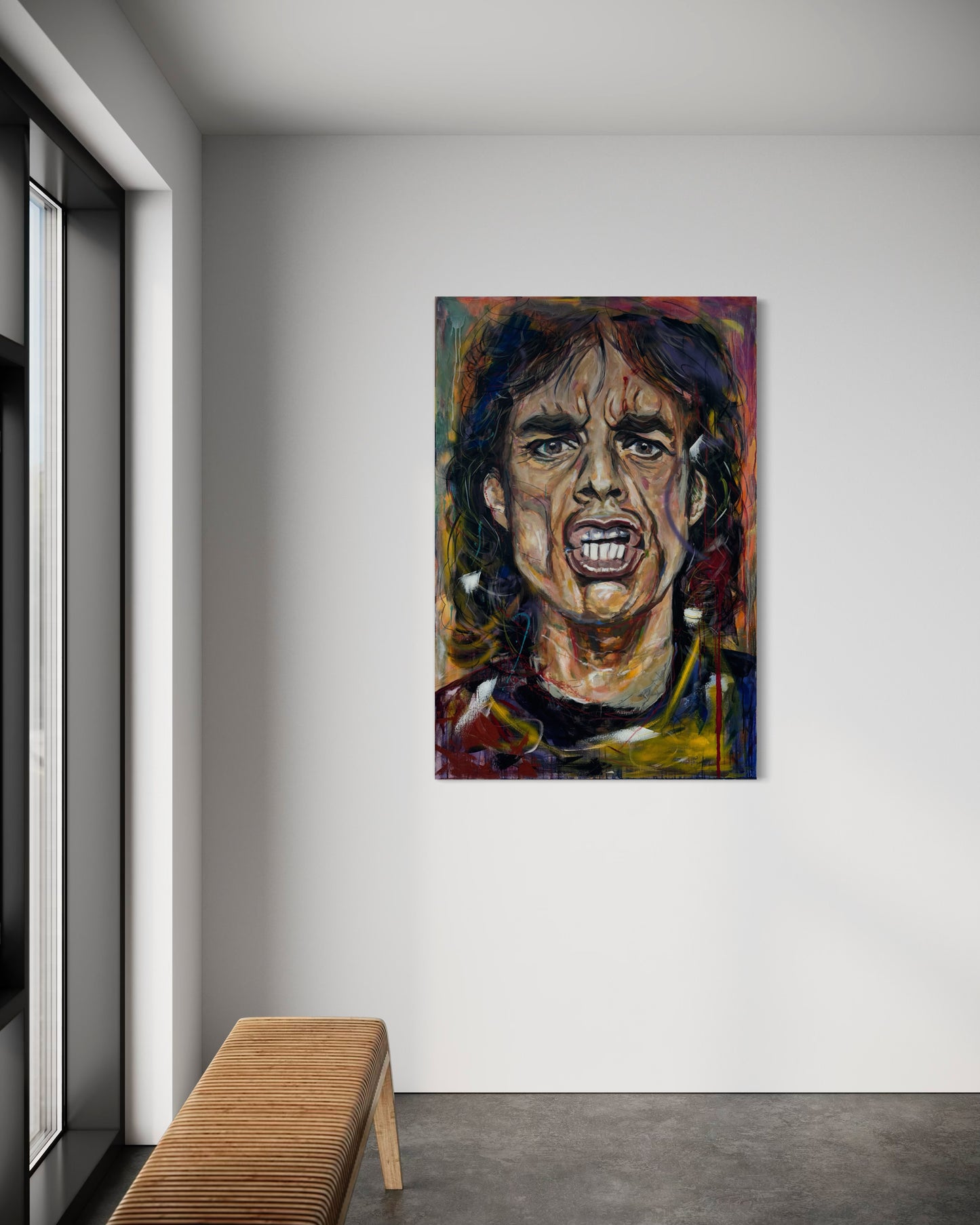 Mick Jagger Portrait Original Painting in corner with wooden bench