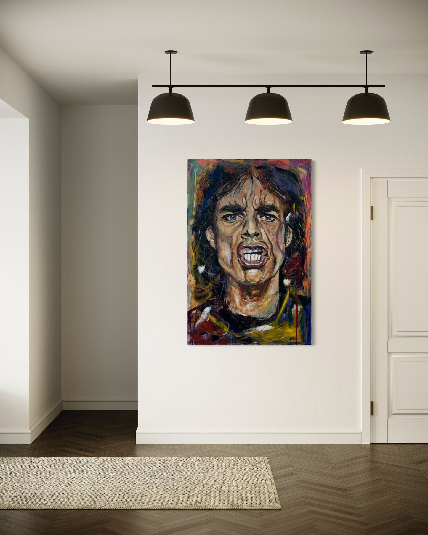 Mick Jagger Portrait Original Painting in hallway with spotlighting