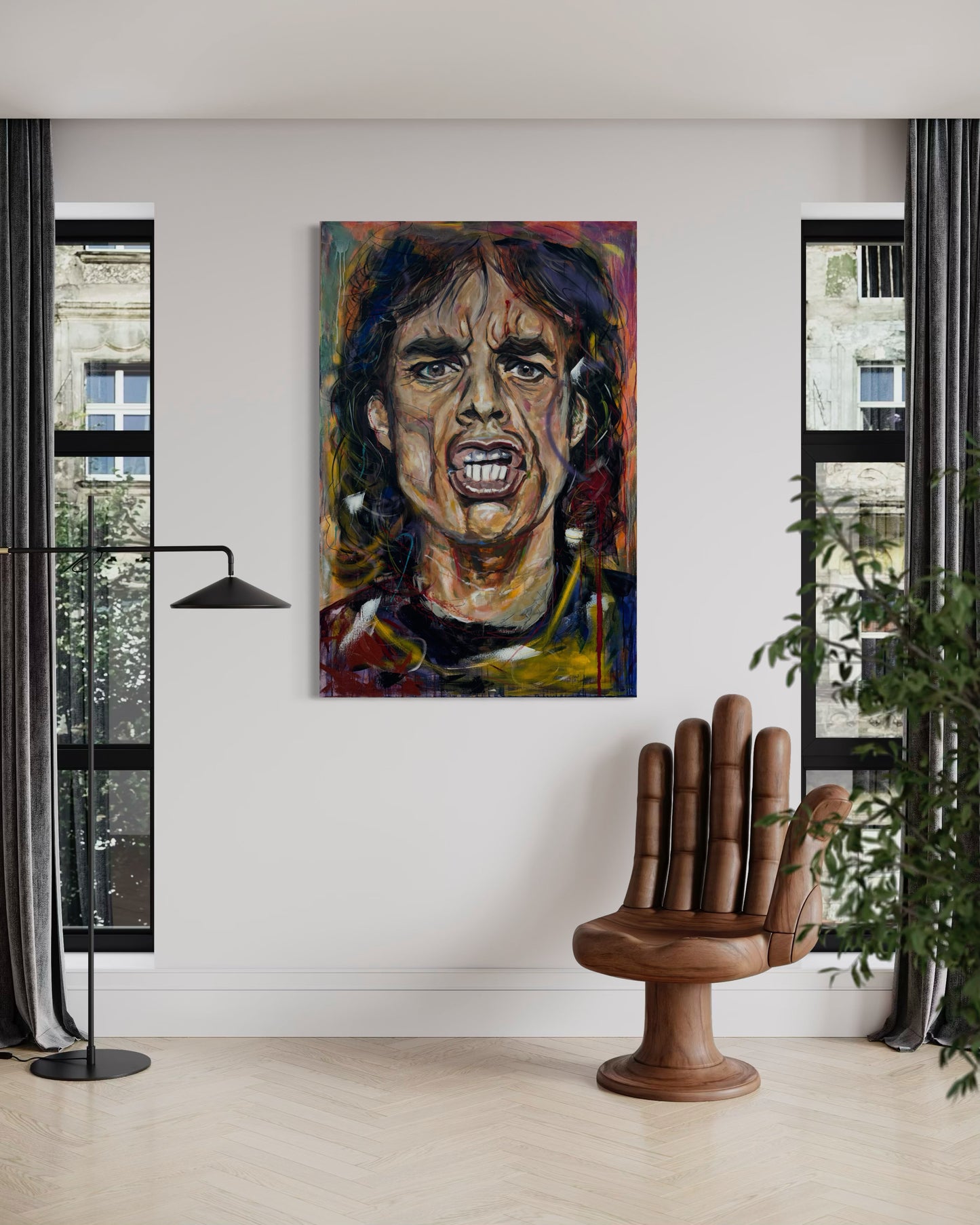 Mick Jagger Portrait Original Painting in living room with armchair like a palm tree
