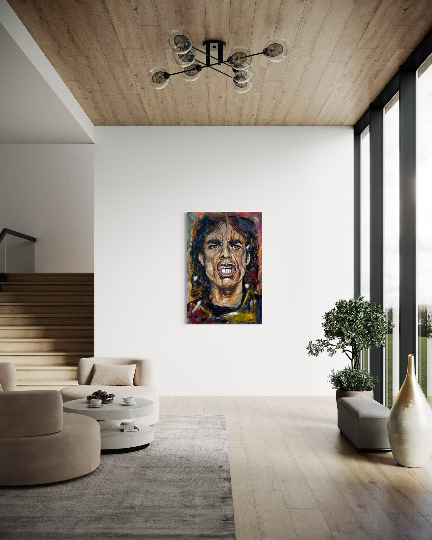 Mick Jagger Portrait Original Painting in living room with staircase
