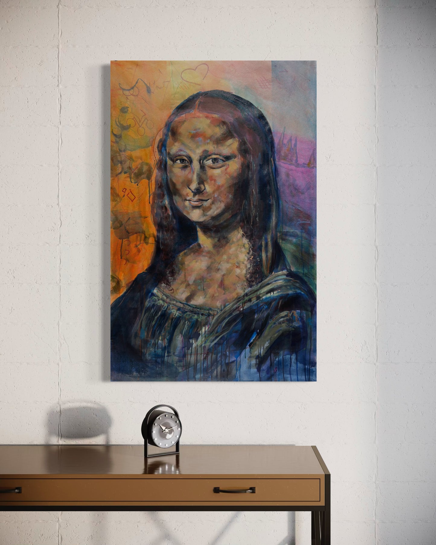 Mona Lisa Portrait Original Painting above classic hallway table