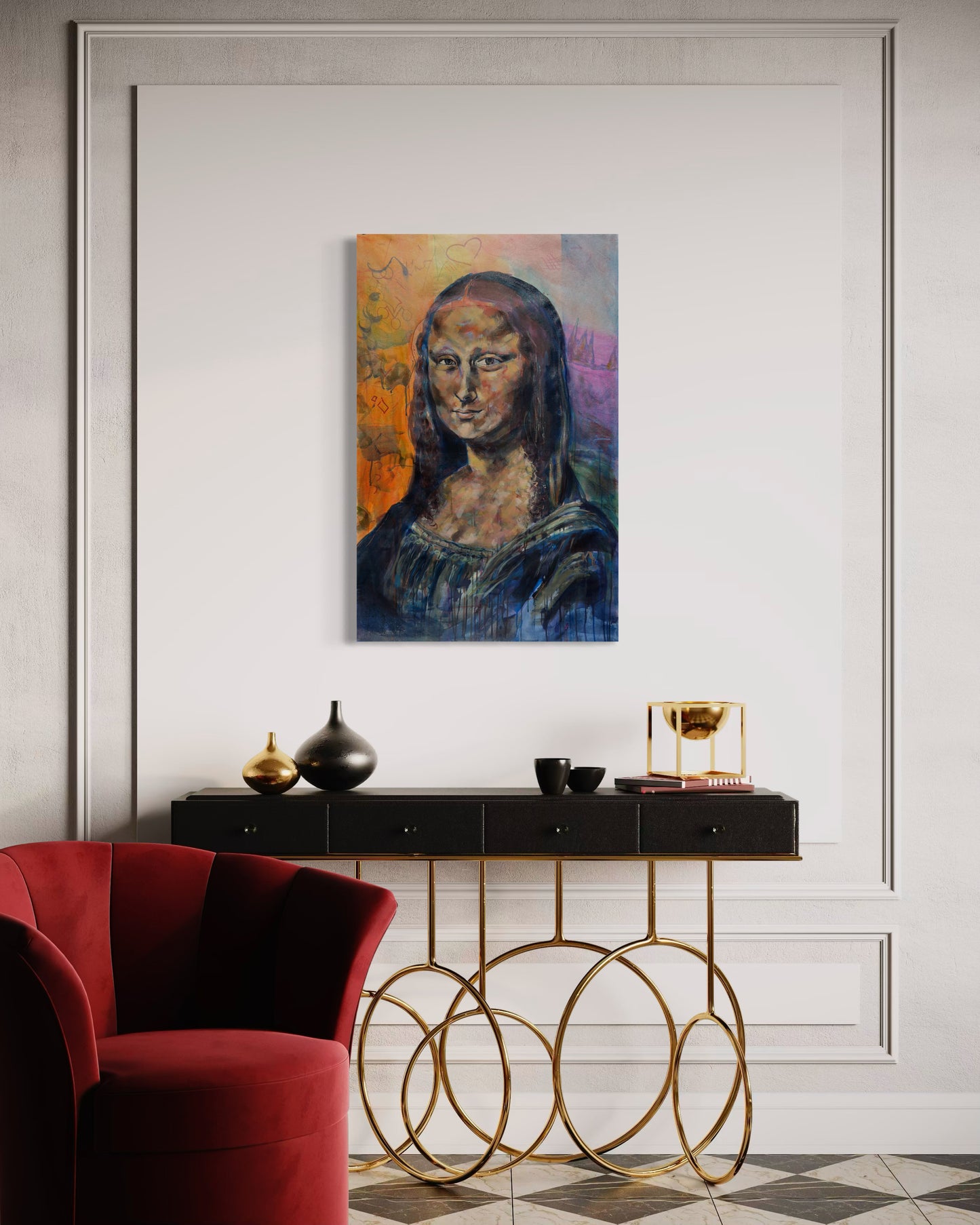 Mona Lisa Portrait Original Painting above modern stylish commode