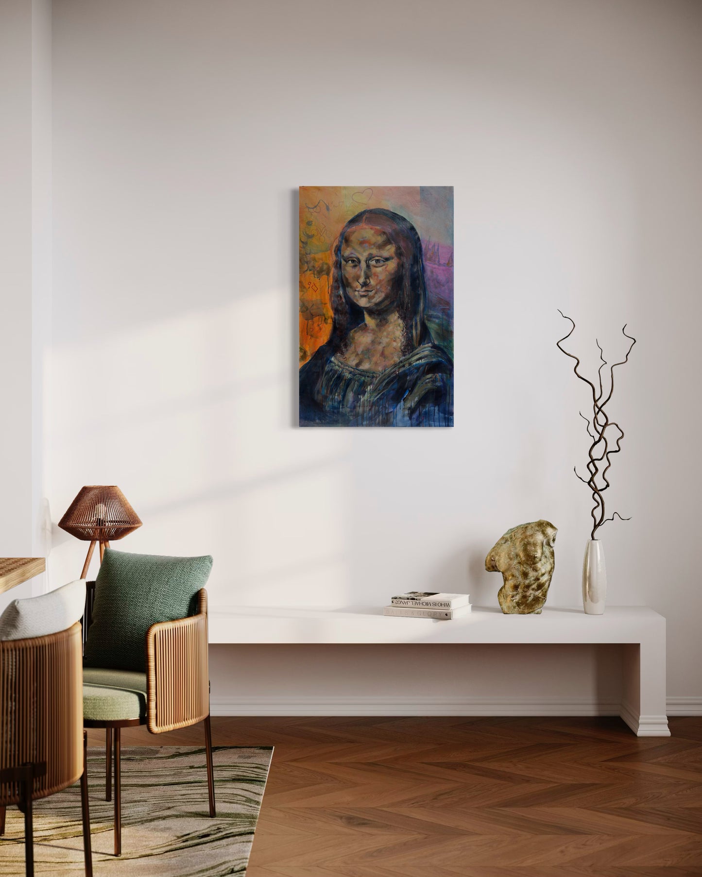 Mona Lisa Portrait Original Painting above white elegant dresser