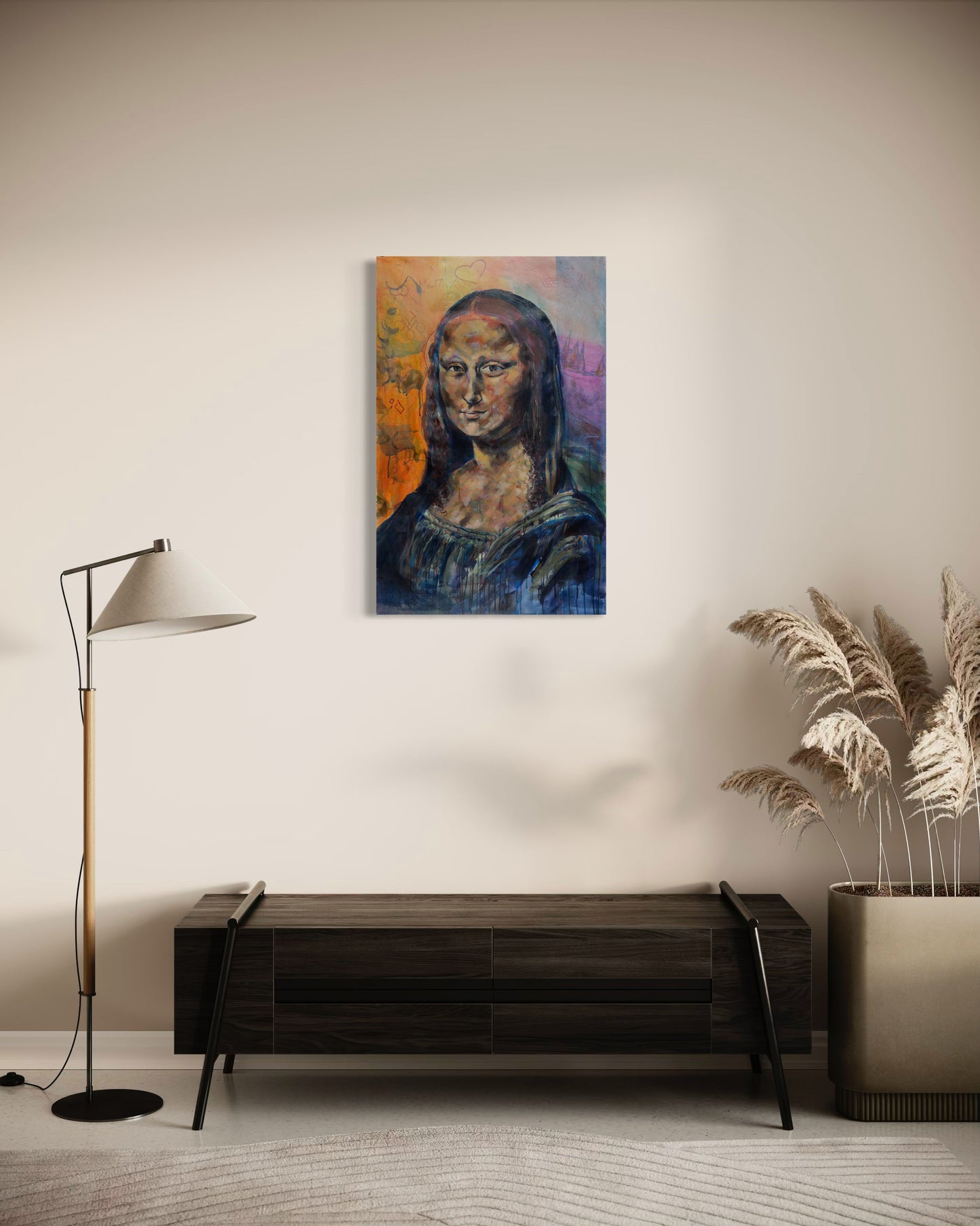 Mona Lisa Portrait Original Painting above dark wooden dresser