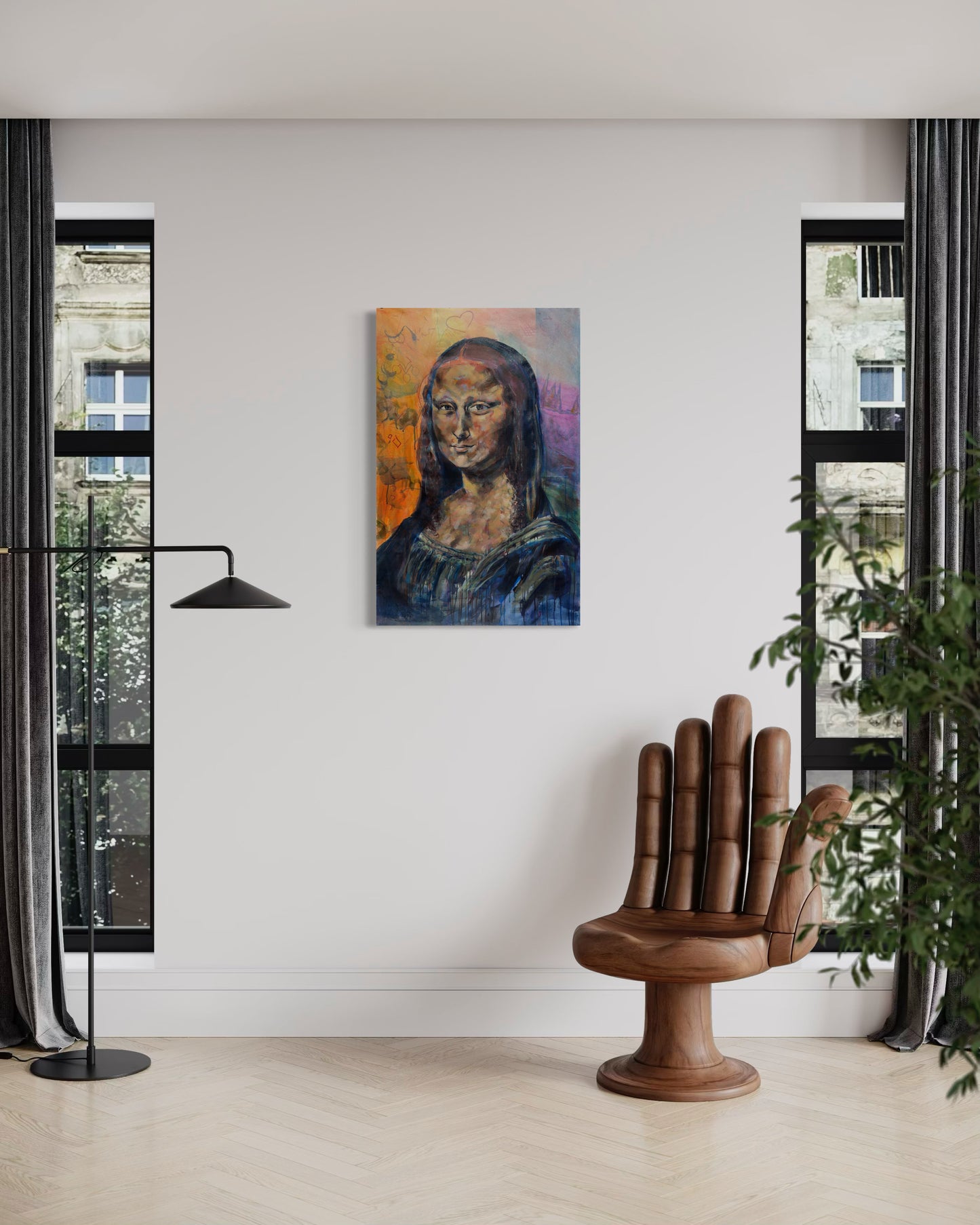 Mona Lisa Portrait Original Painting in sitting room between two windows